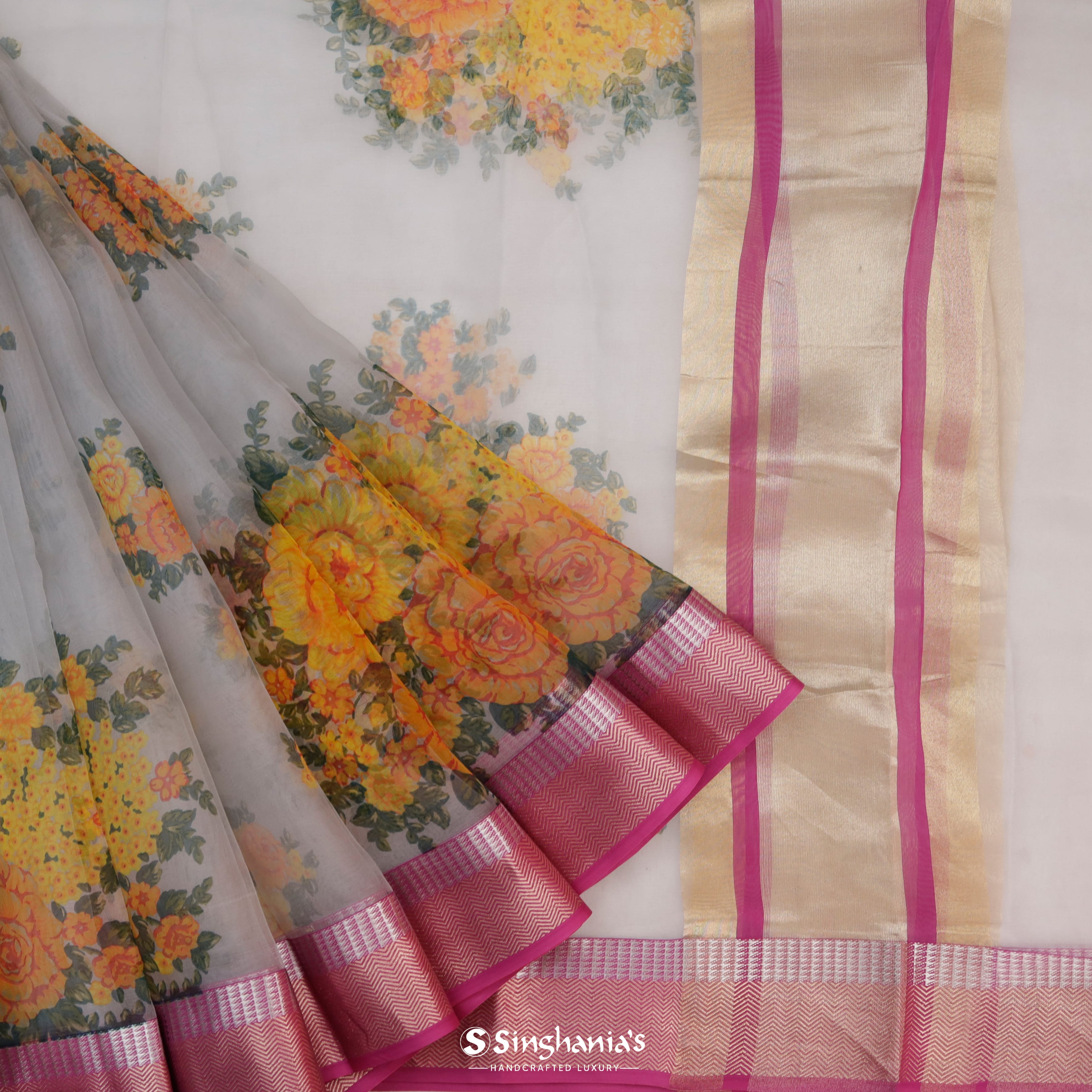 Cloudy Grey Organza Patan Patola Saree With Floral Motif Pattern