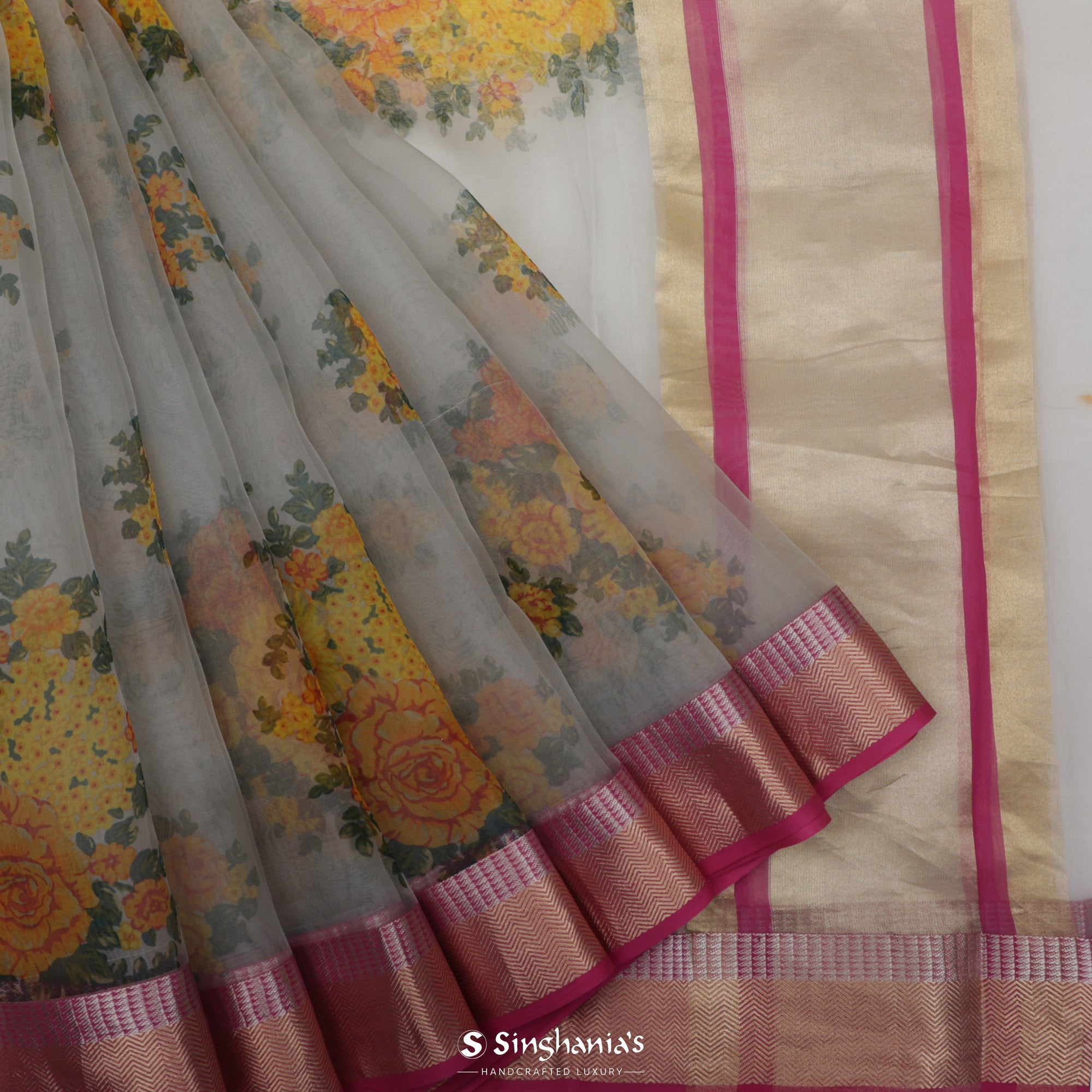 Medium Grey Printed Organza Saree With Floral Motif Design