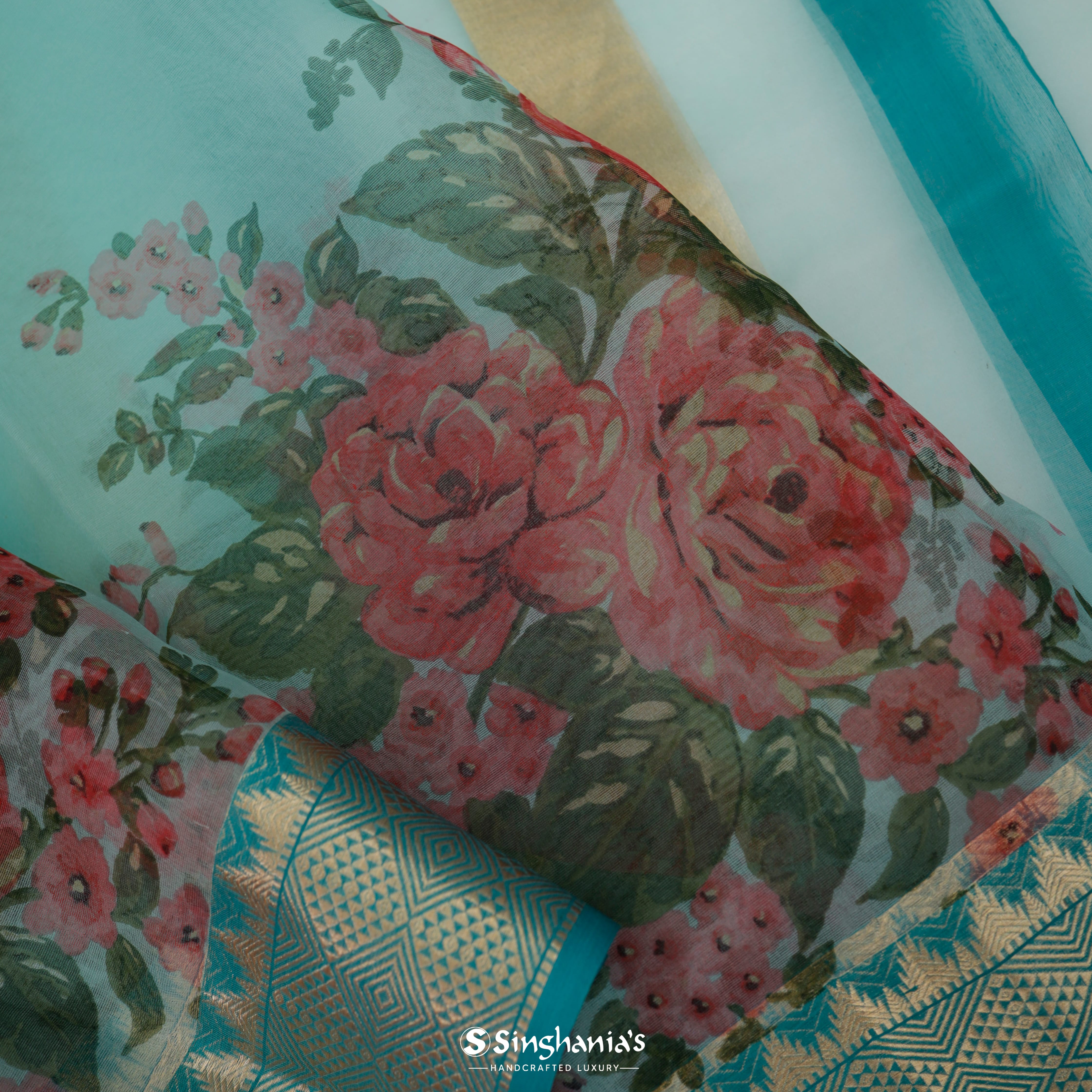 Seafoam Blue Organza Printed Saree With Floral Pattern