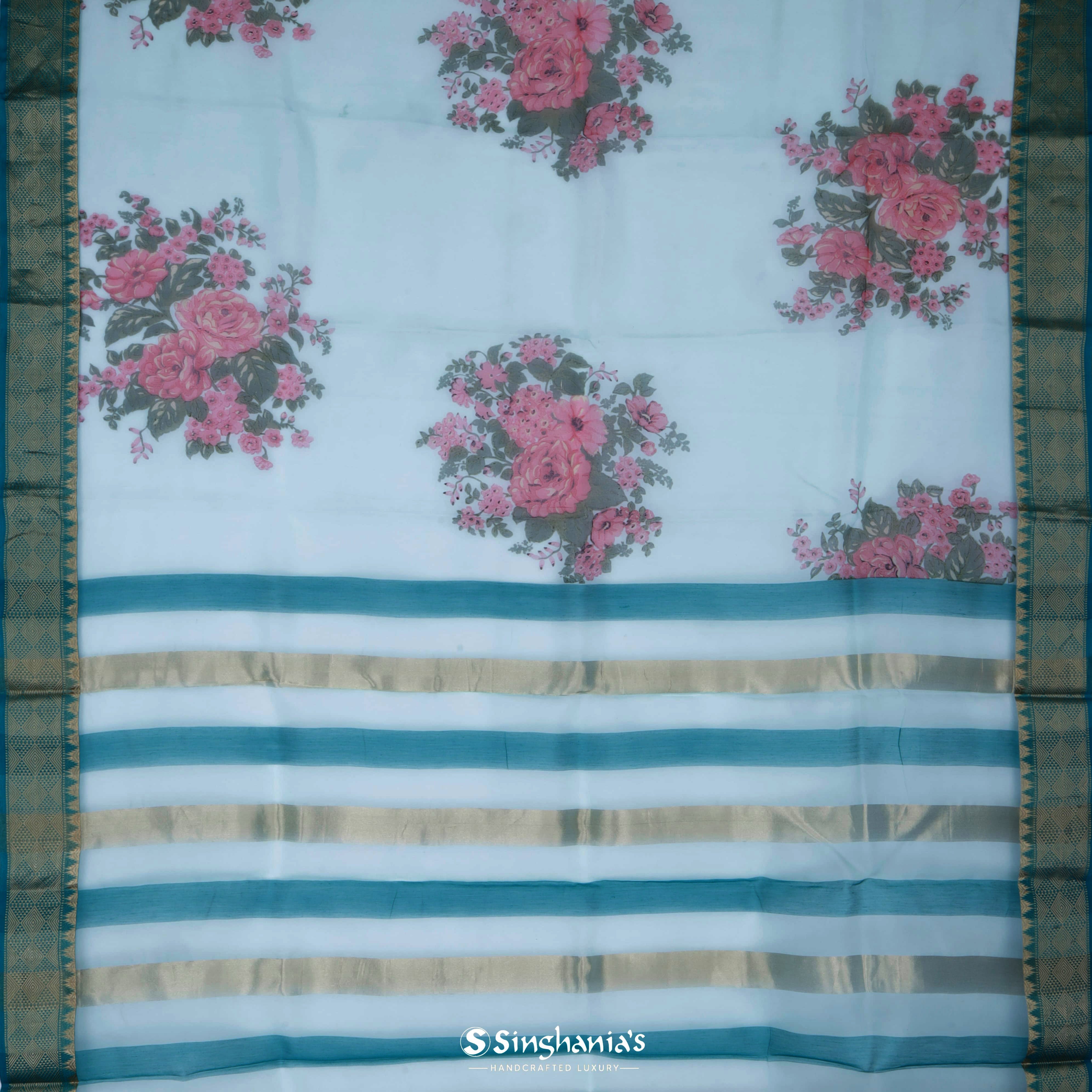 Seafoam Blue Organza Printed Saree With Floral Pattern