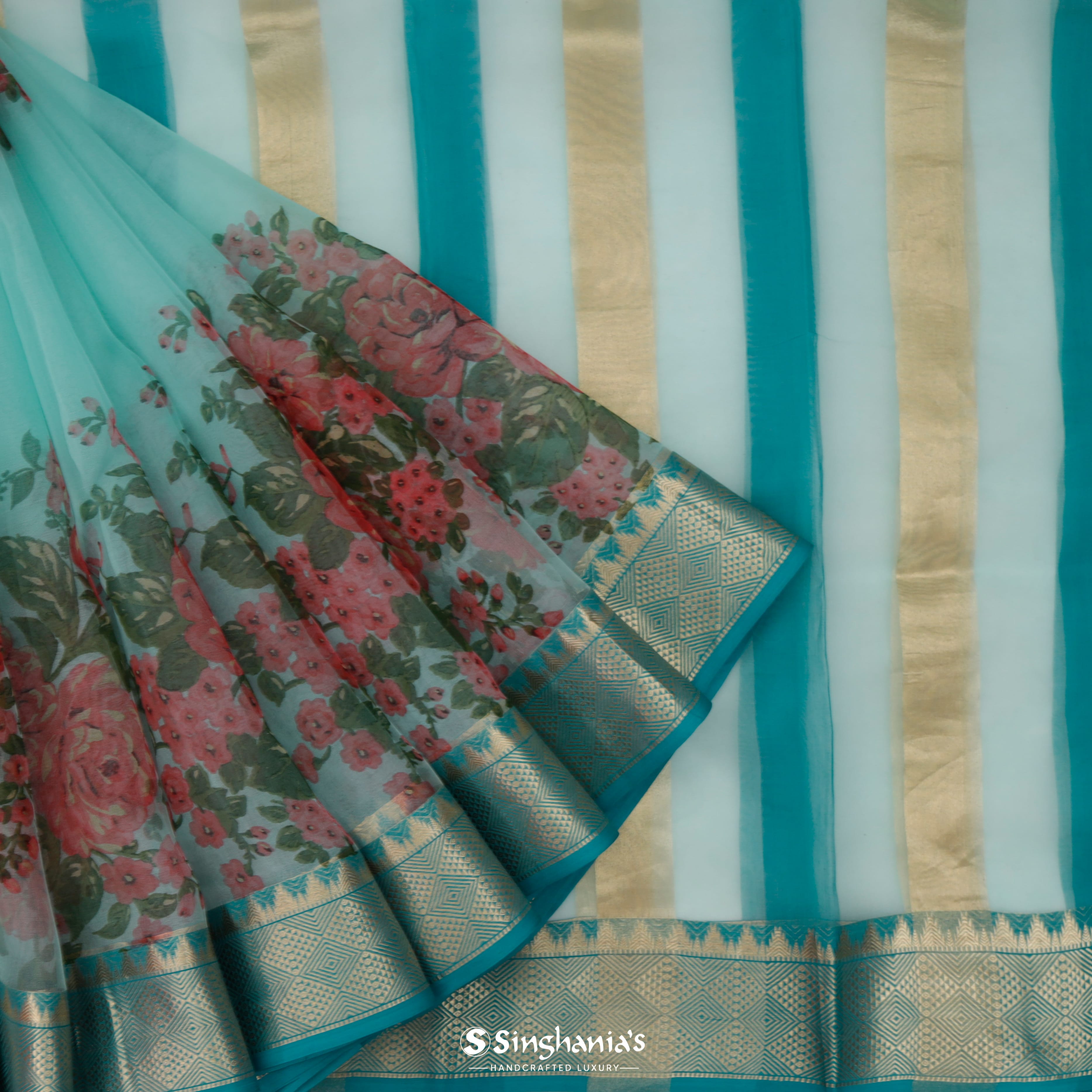 Seafoam Blue Organza Printed Saree With Floral Pattern