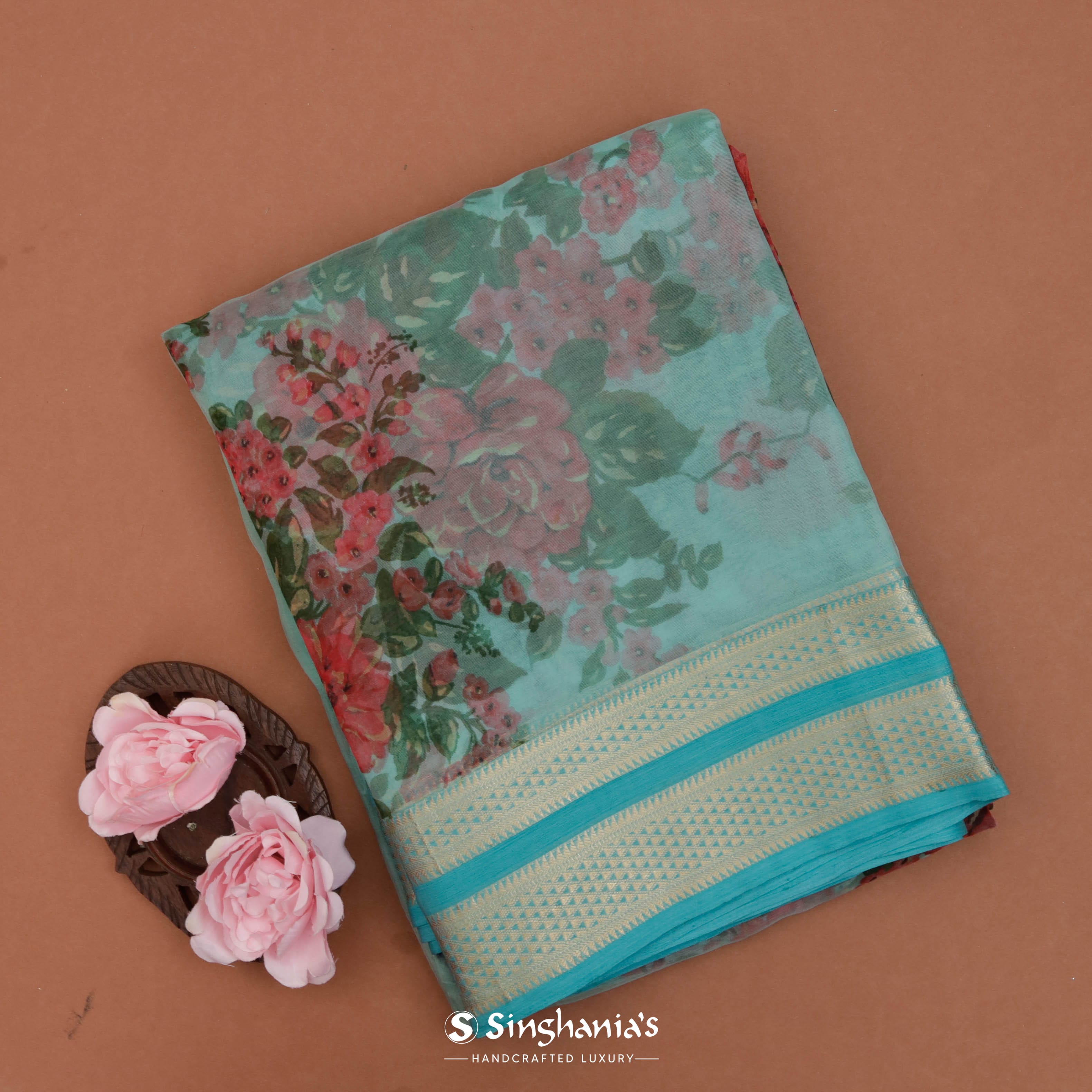 Turquoise Blue Maheshwari Printed Saree With Floral Buttas