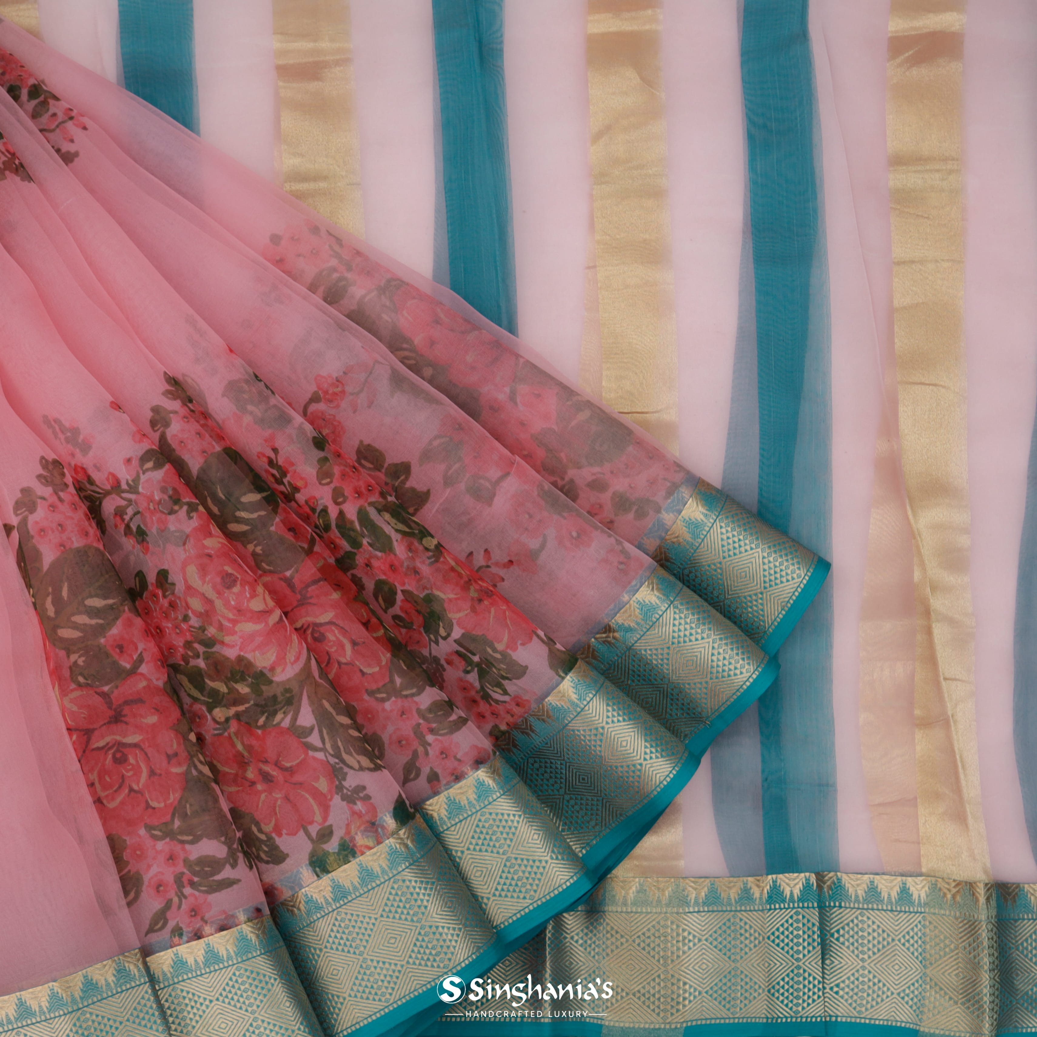 Light Coral Pink Organza Printed Saree With Floral Pattern