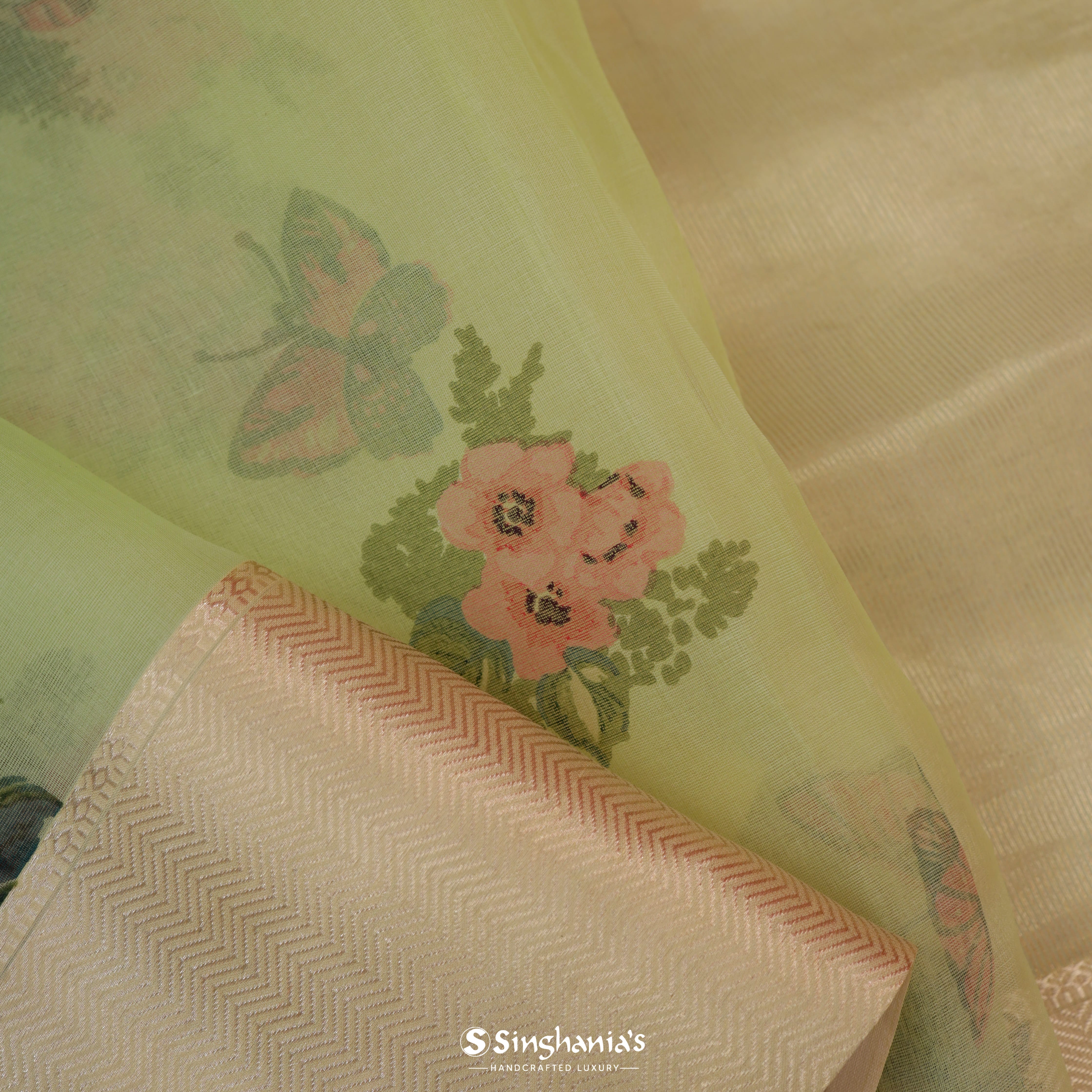 Pastel Pale Green Organza Printed Saree With Floral Pattern