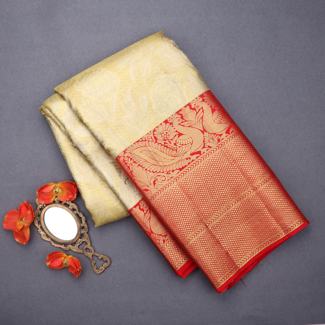 Light Gold Tissue Kanjivaram Silk Saree With Floral Pattern