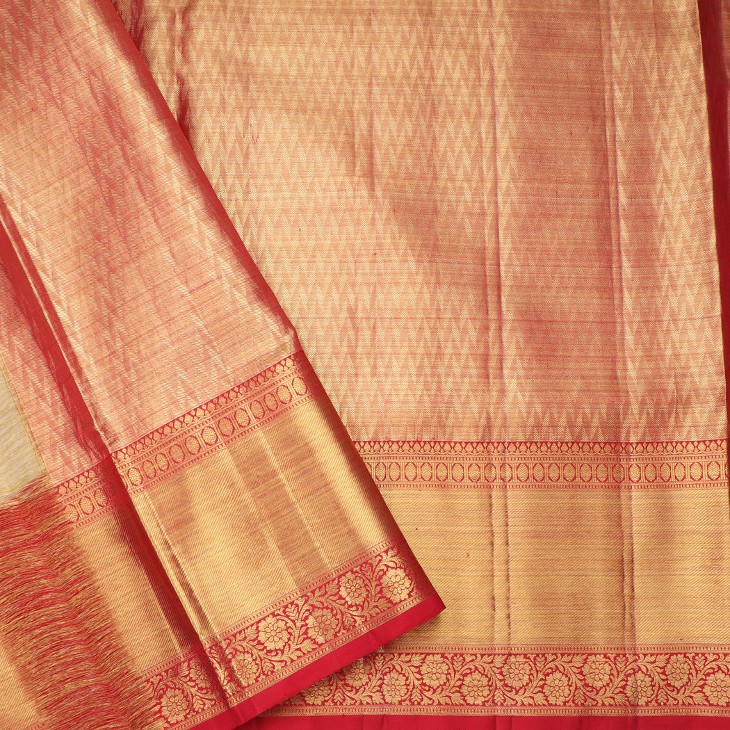 Light Gold Tissue Kanjivaram Silk Saree With Floral And Bird Pattern