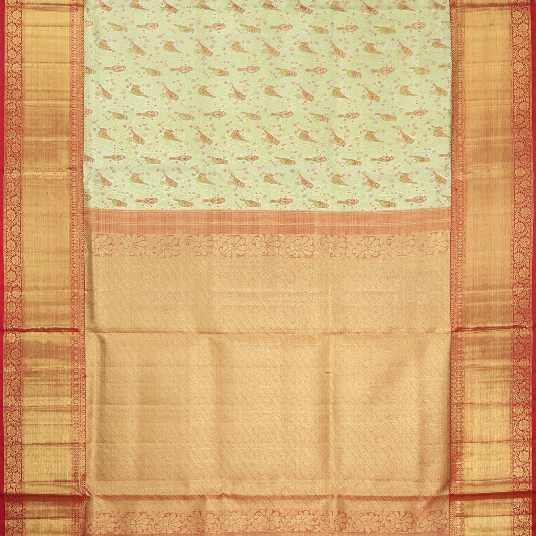 Light Gold Tissue Kanjivaram Silk Saree With Floral And Bird Pattern