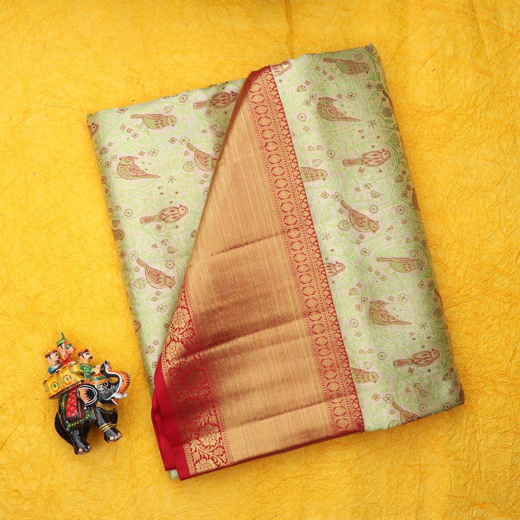 Light Gold Tissue Kanjivaram Silk Saree With Floral And Bird Pattern