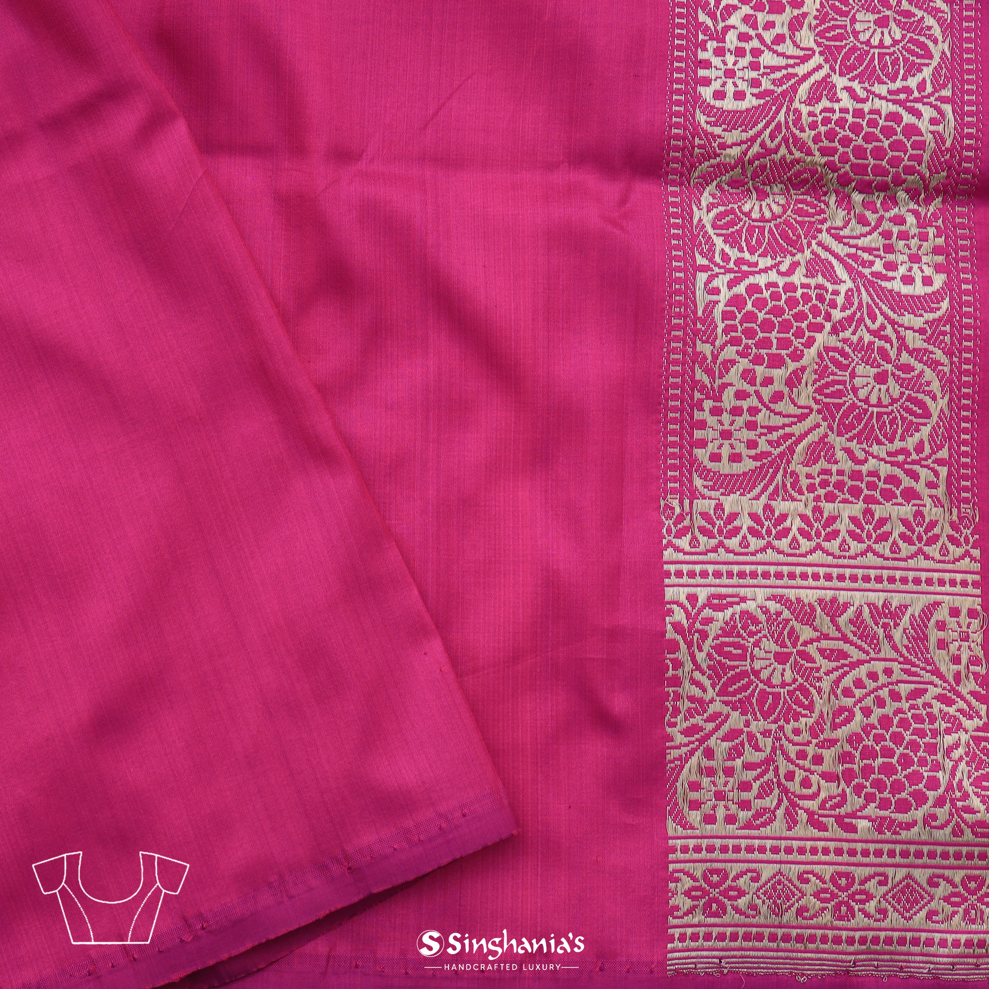 Neon Fuchsia Banarasi Silk Saree With Hand Embroidery
