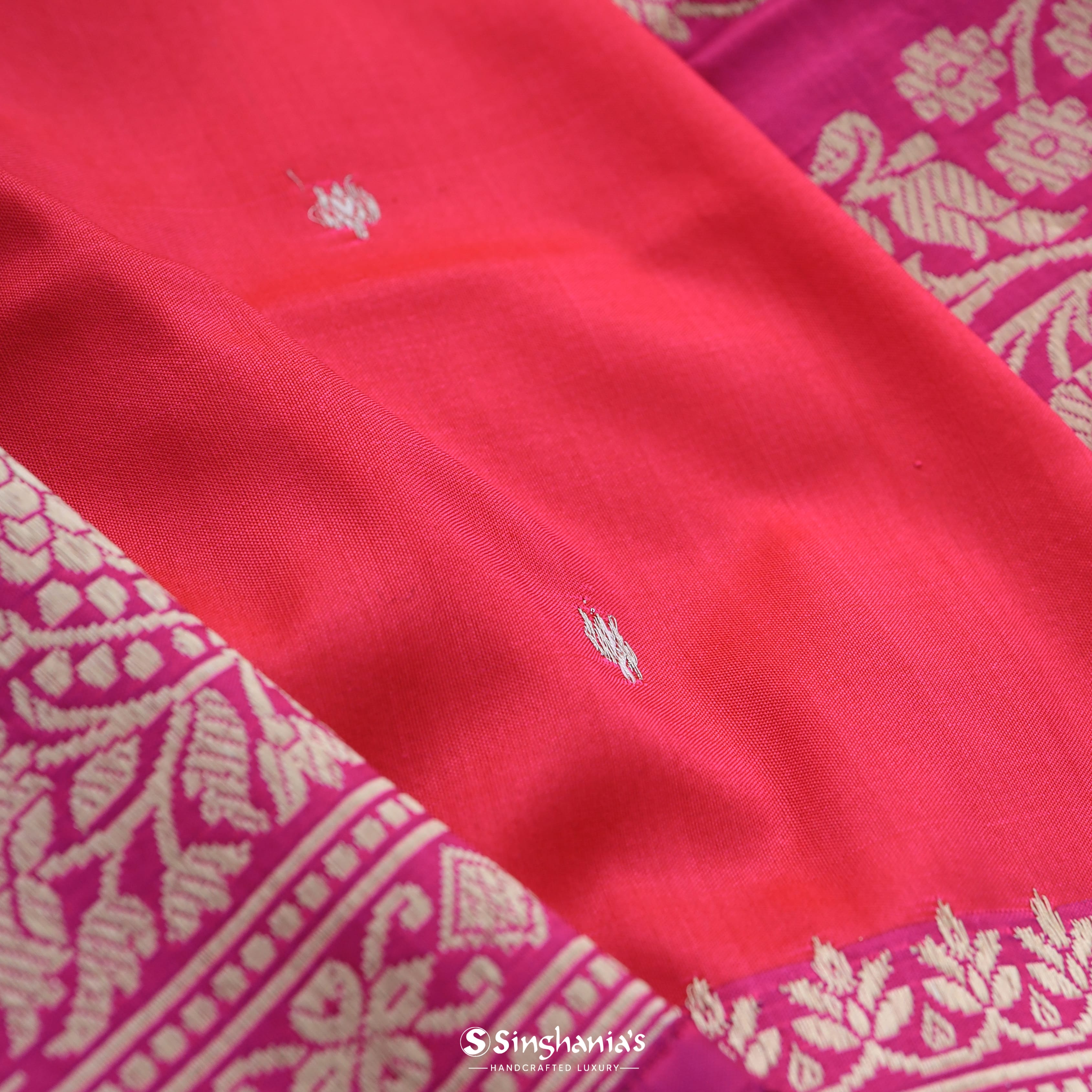 Neon Fuchsia Banarasi Silk Saree With Hand Embroidery