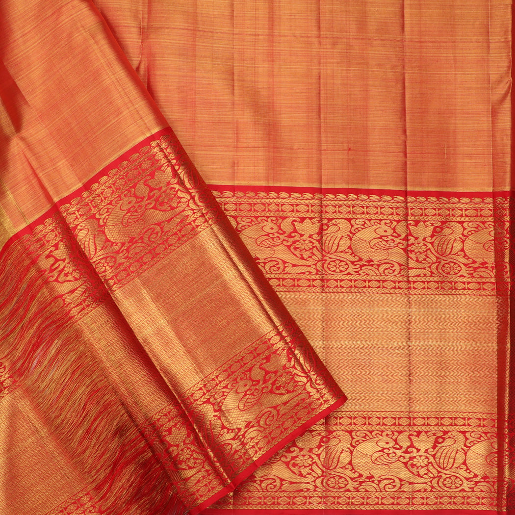 Coral Orange Kanjivaram Silk Saree With Peacock And Floral Motifs