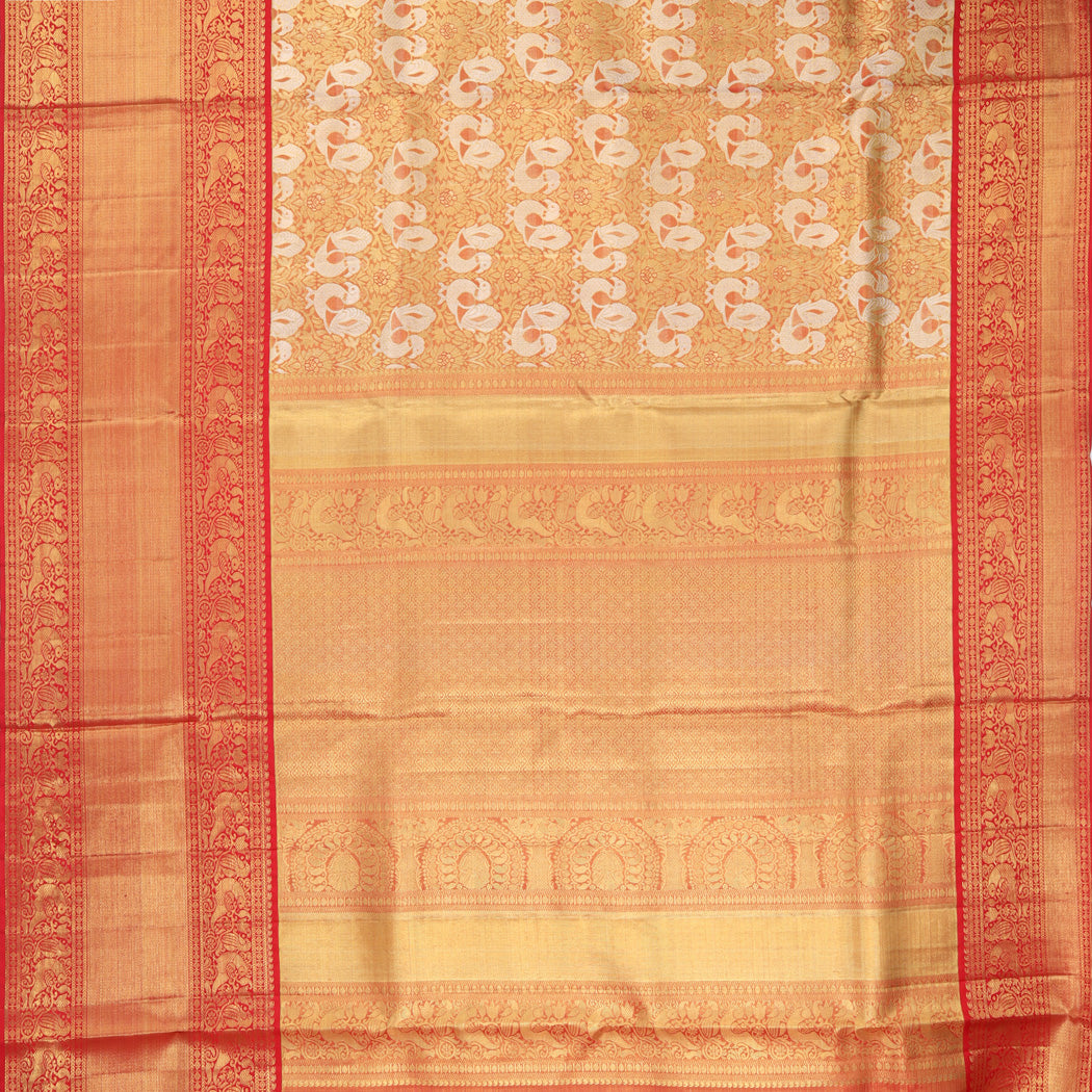 Coral Orange Kanjivaram Silk Saree With Peacock And Floral Motifs