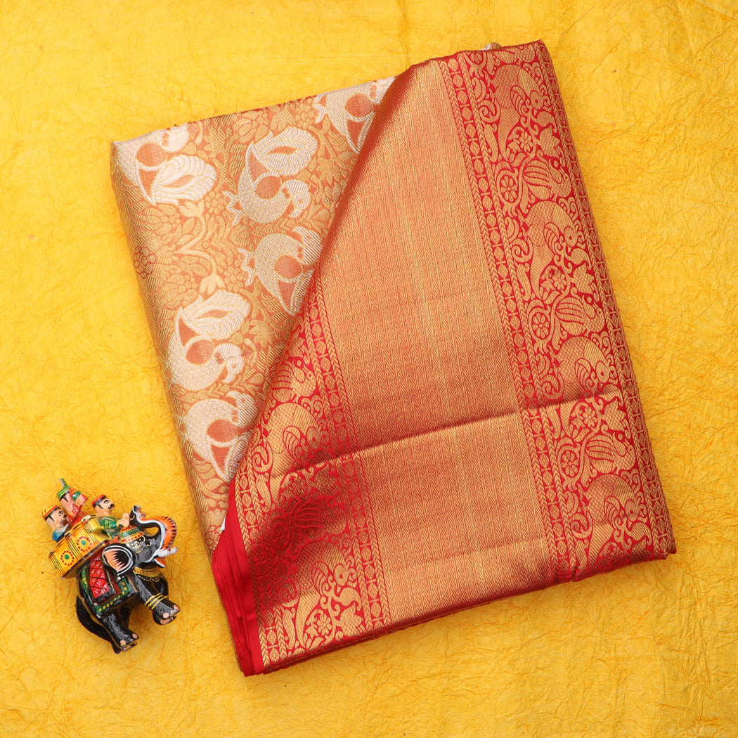 Coral Orange Kanjivaram Silk Saree With Peacock And Floral Motifs