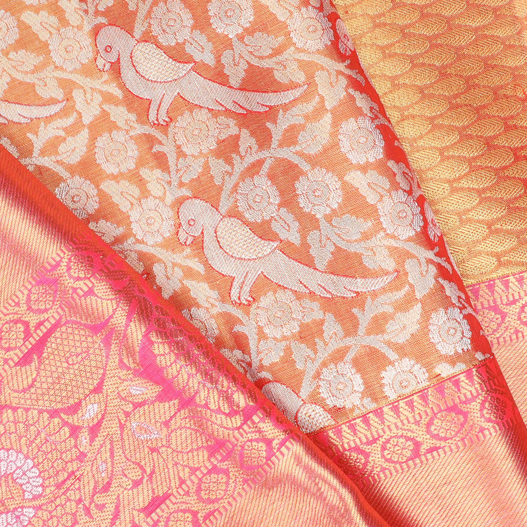 Orange Tissue Kanjivaram Silk Saree With Floral And Bird Motif Pattern