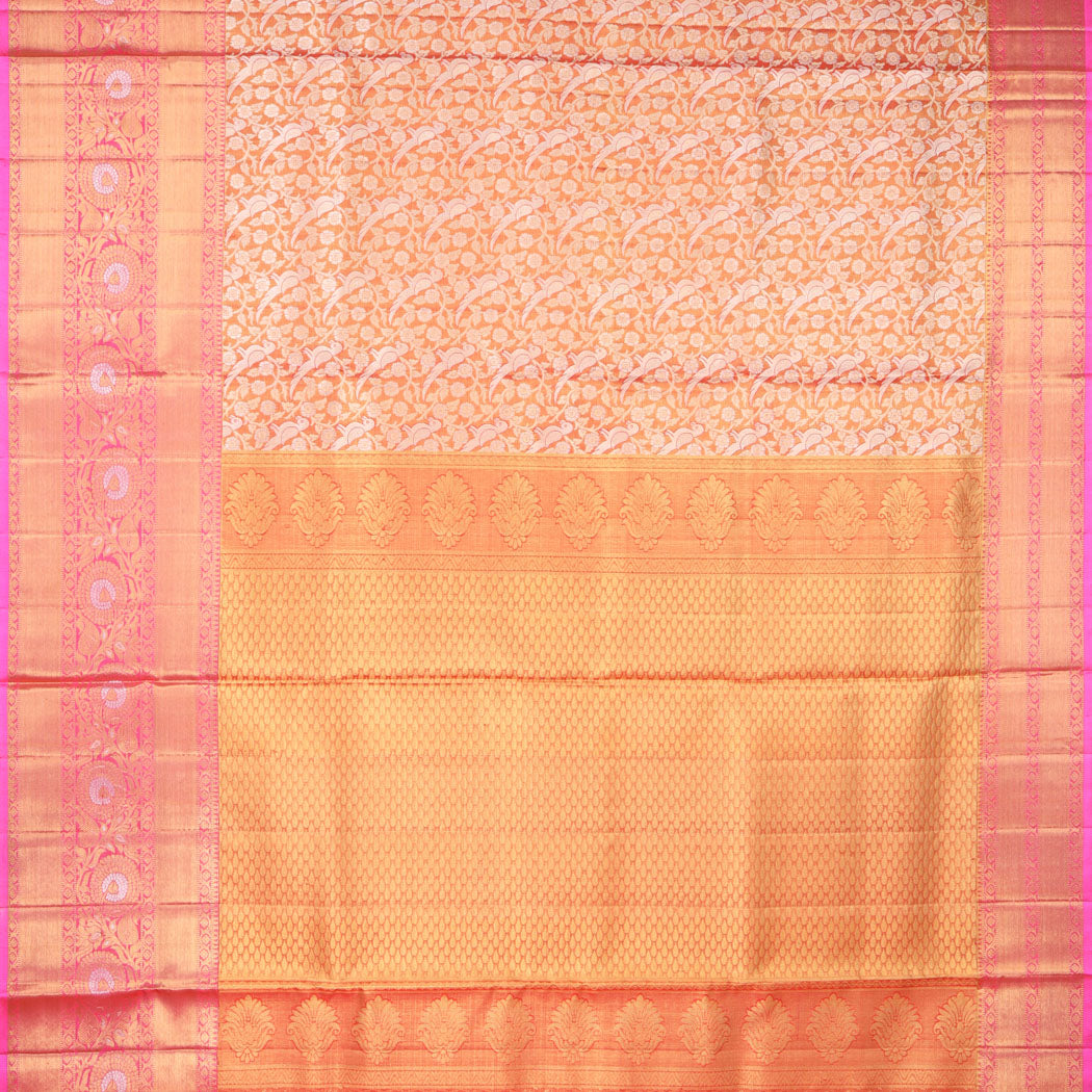 Orange Tissue Kanjivaram Silk Saree With Floral And Bird Motif Pattern