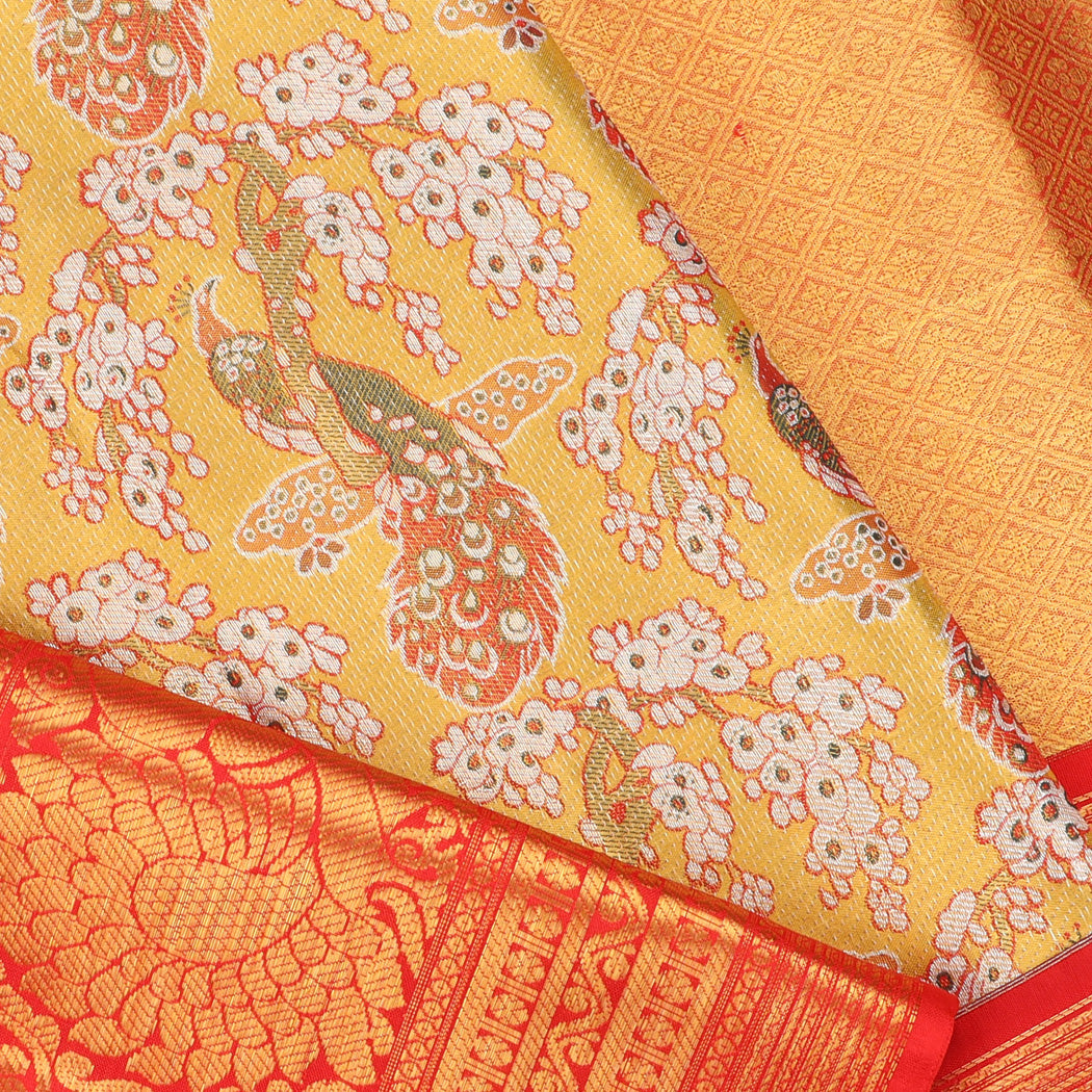 Gold Tissue Kanjivaram Silk Saree With Floral And Bird Pattern