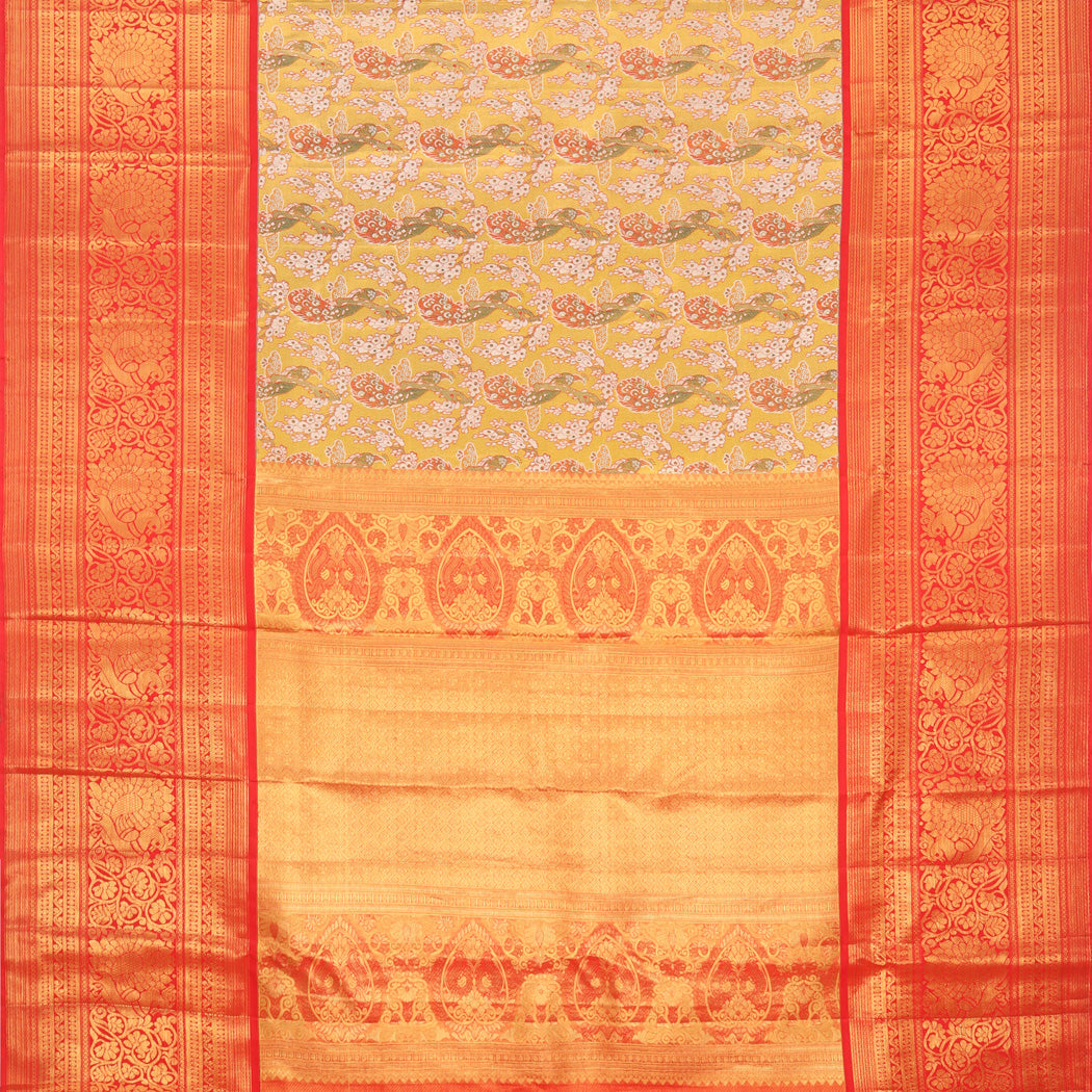 Gold Tissue Kanjivaram Silk Saree With Floral And Bird Pattern