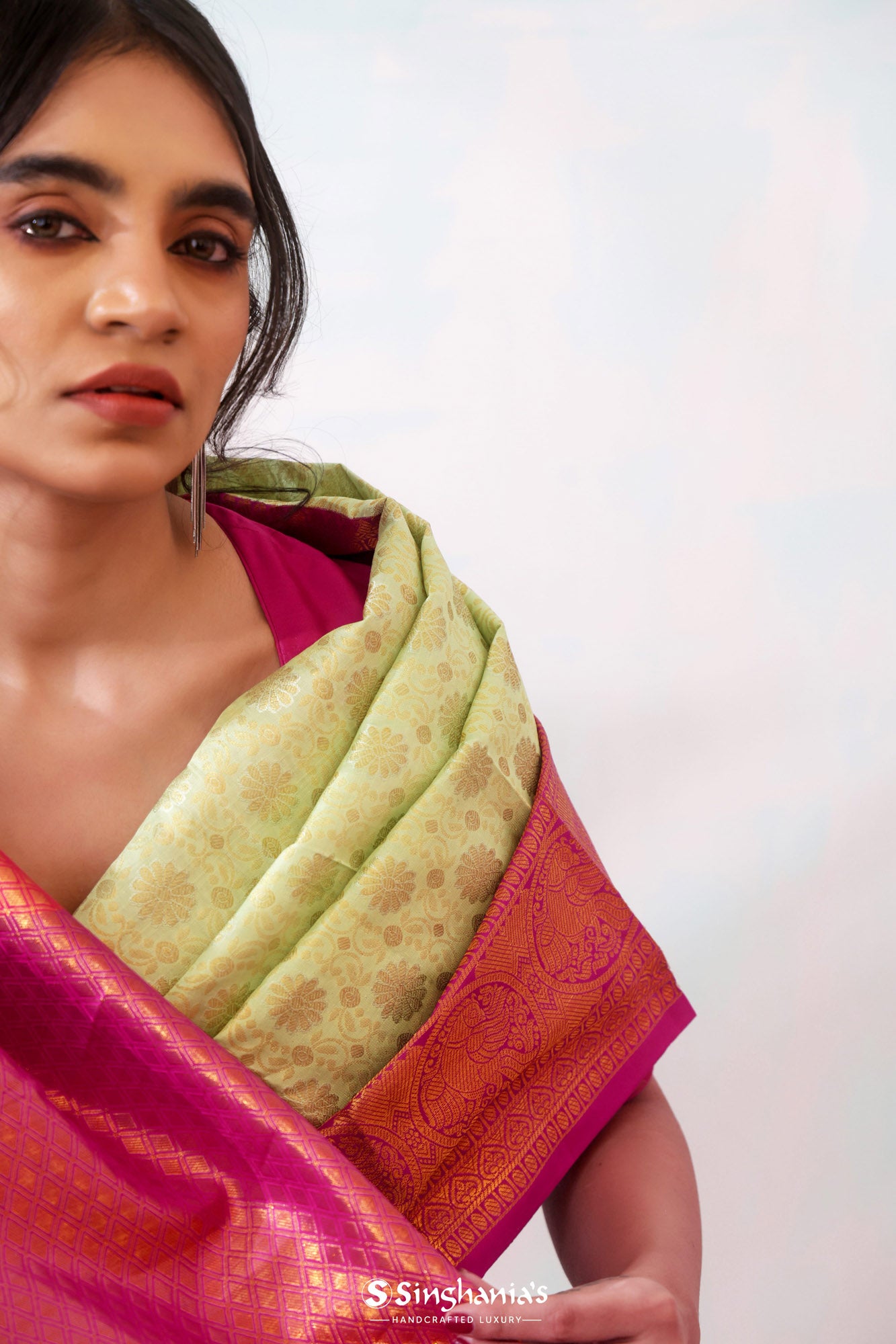 Pastel Mint Kanjivaram Silk Saree With Floral Design