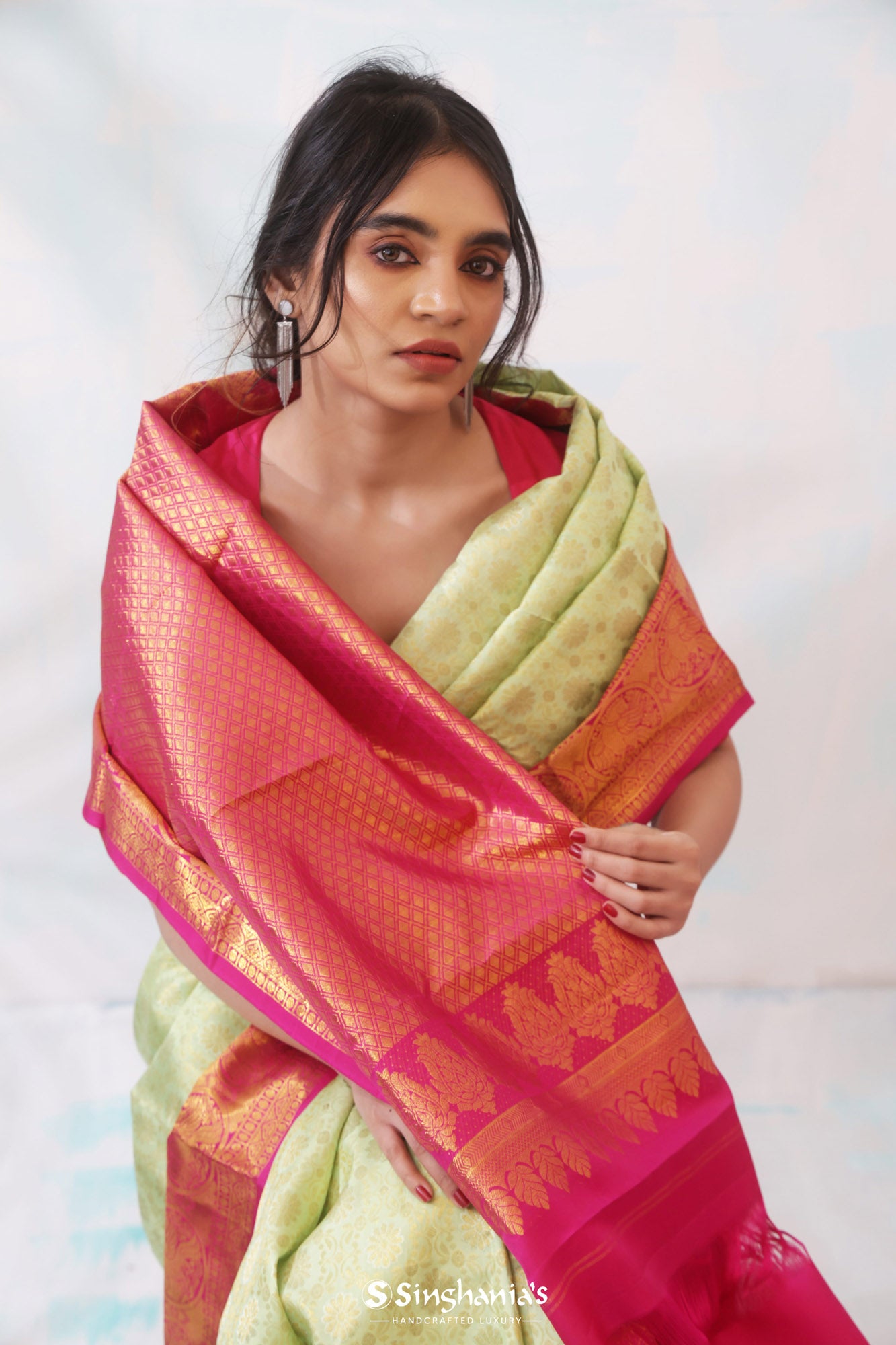 Pastel Mint Kanjivaram Silk Saree With Floral Design