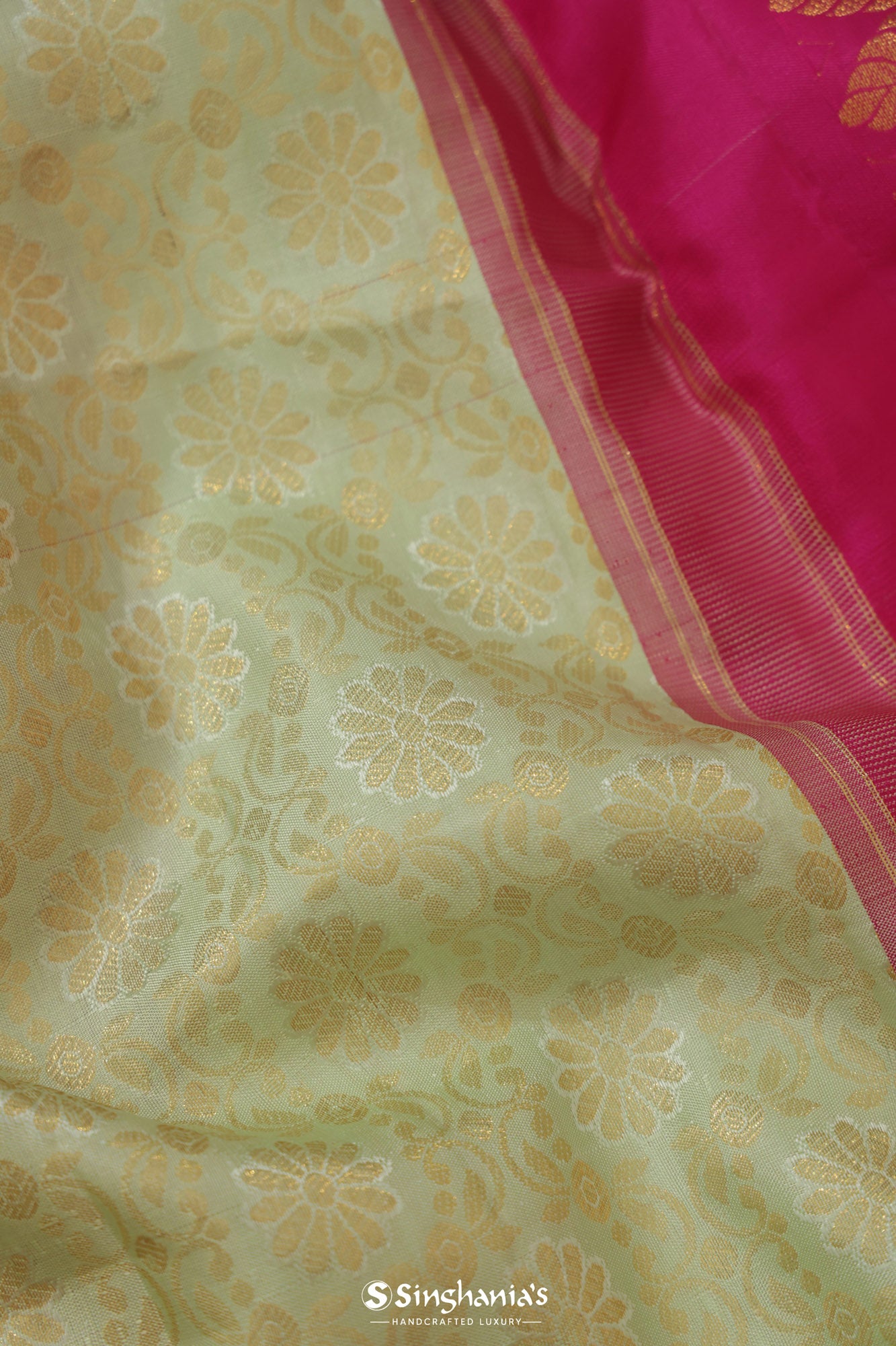 Pastel Mint Kanjivaram Silk Saree With Floral Design