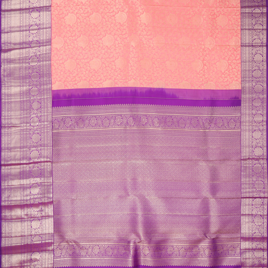 Coral Pink Kanjivaram Silk Saree With Floral Pattern