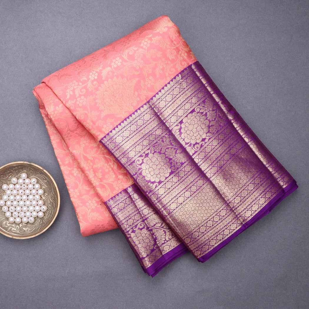 Coral Pink Kanjivaram Silk Saree With Floral Pattern