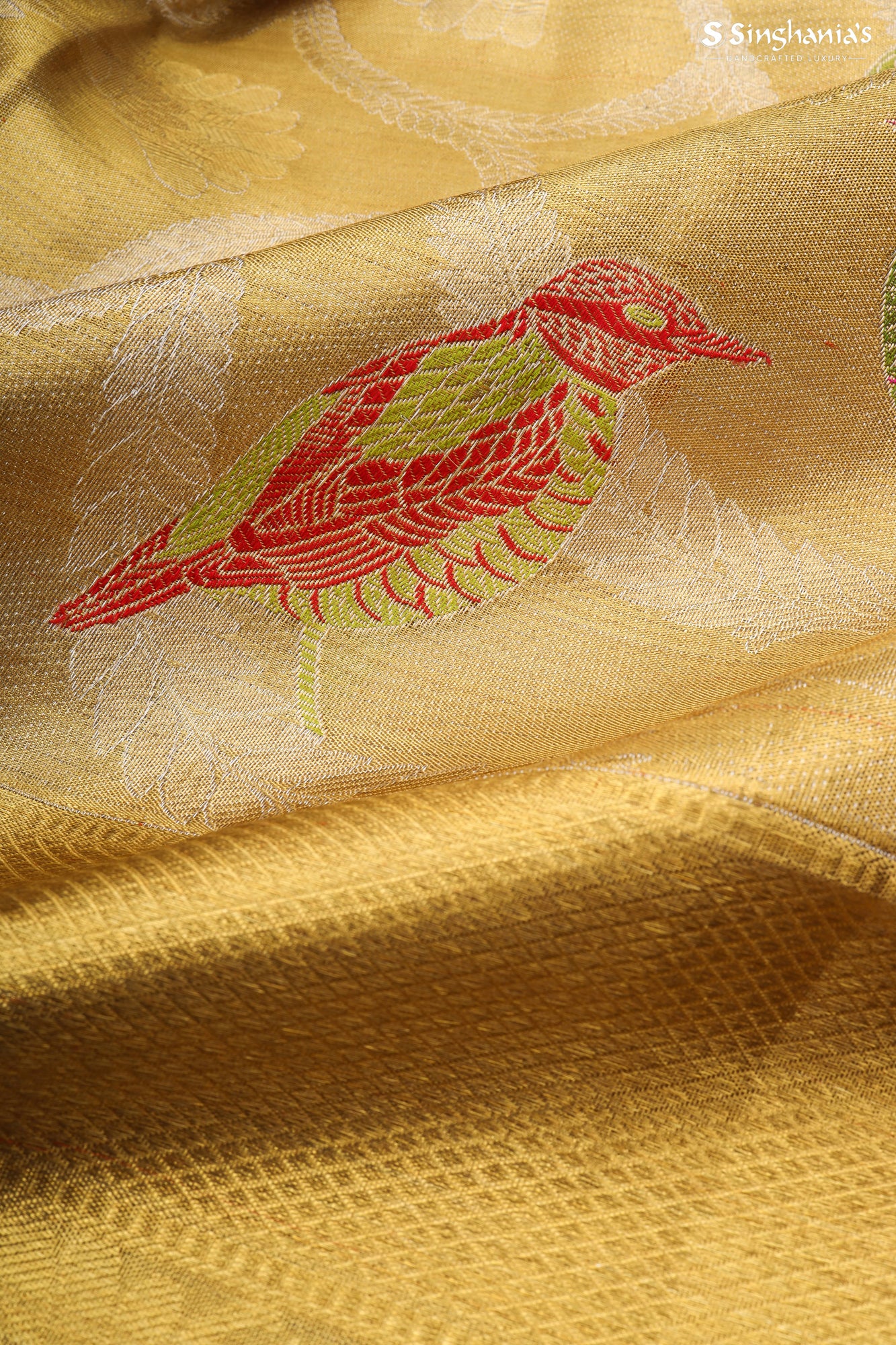 Gold Tissue Kanjivaram Silk Saree With Floral And Bird Motif Pattern