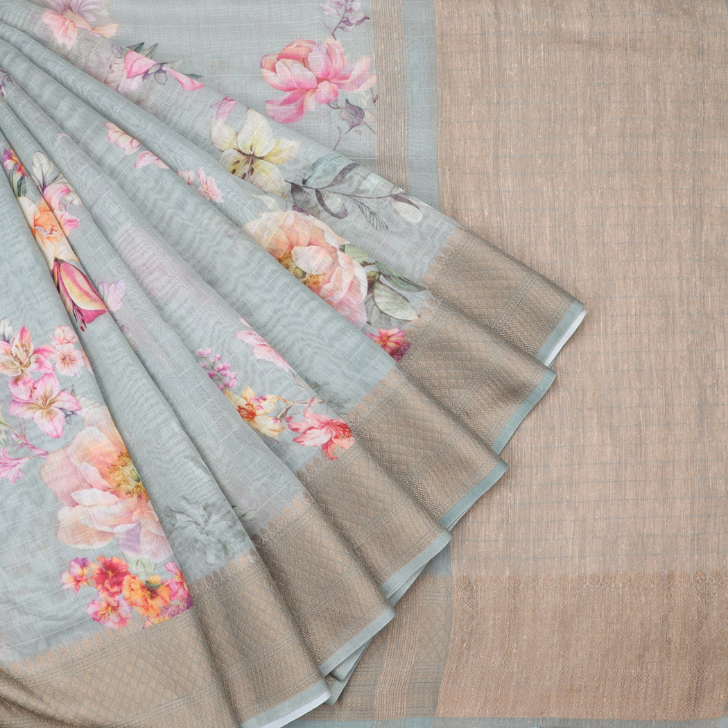 Light Blueish Grey Chanderi Silk Saree With Printed Floral Pattern