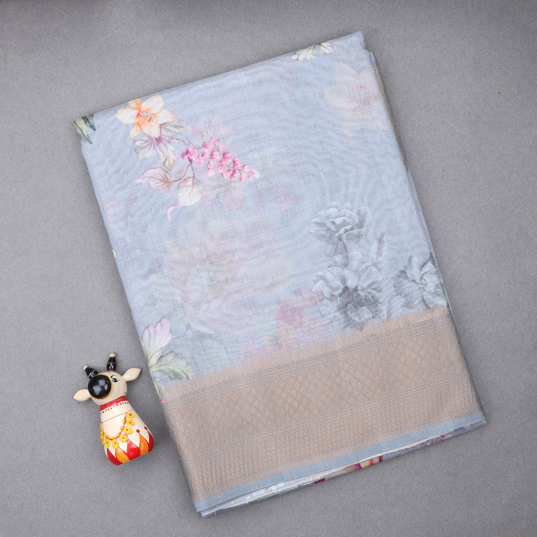 Light Blueish Grey Chanderi Silk Saree With Printed Floral Pattern