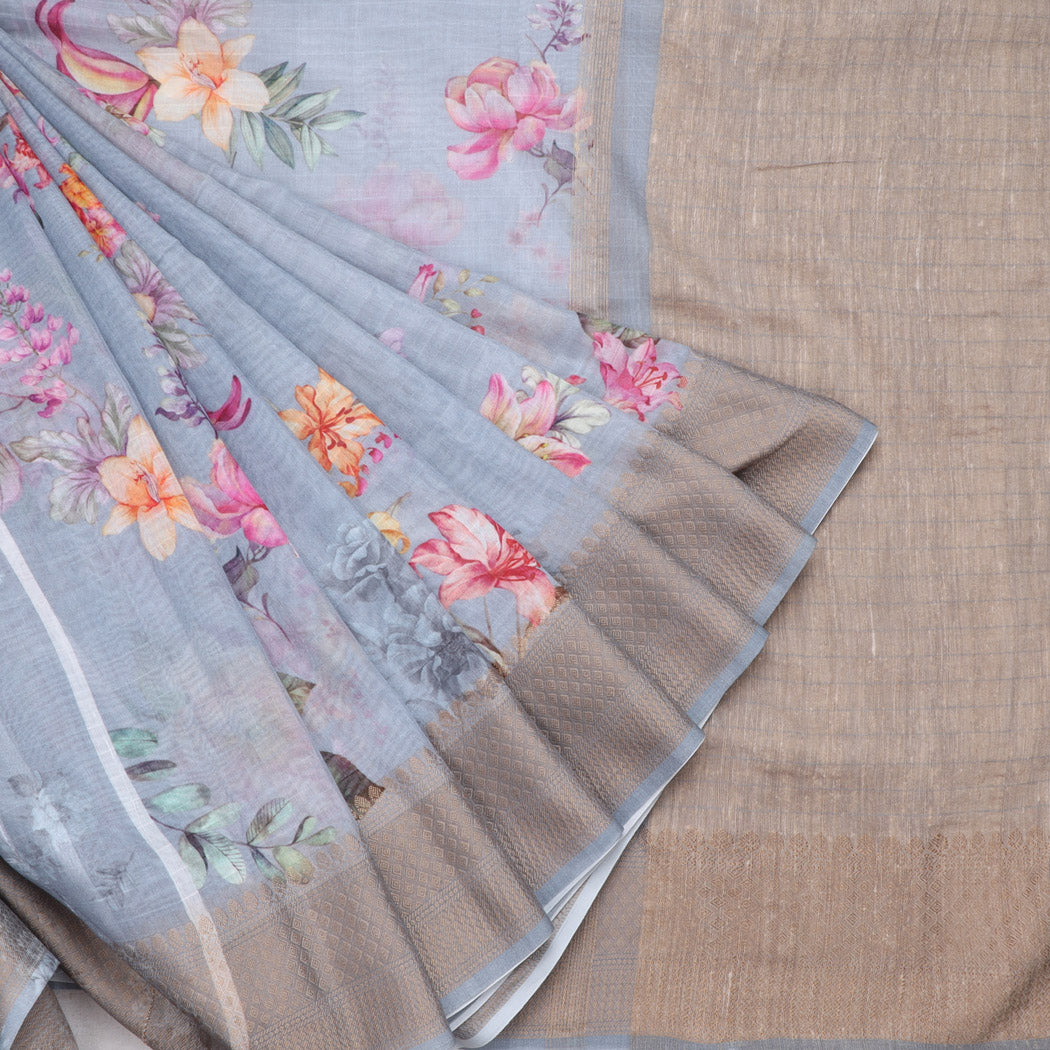 Light Blueish Grey Chanderi Silk Saree With Printed Floral Pattern