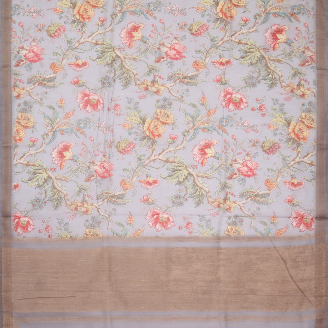 Pastel Grey Chanderi Silk Saree With Floral Printed Motifs