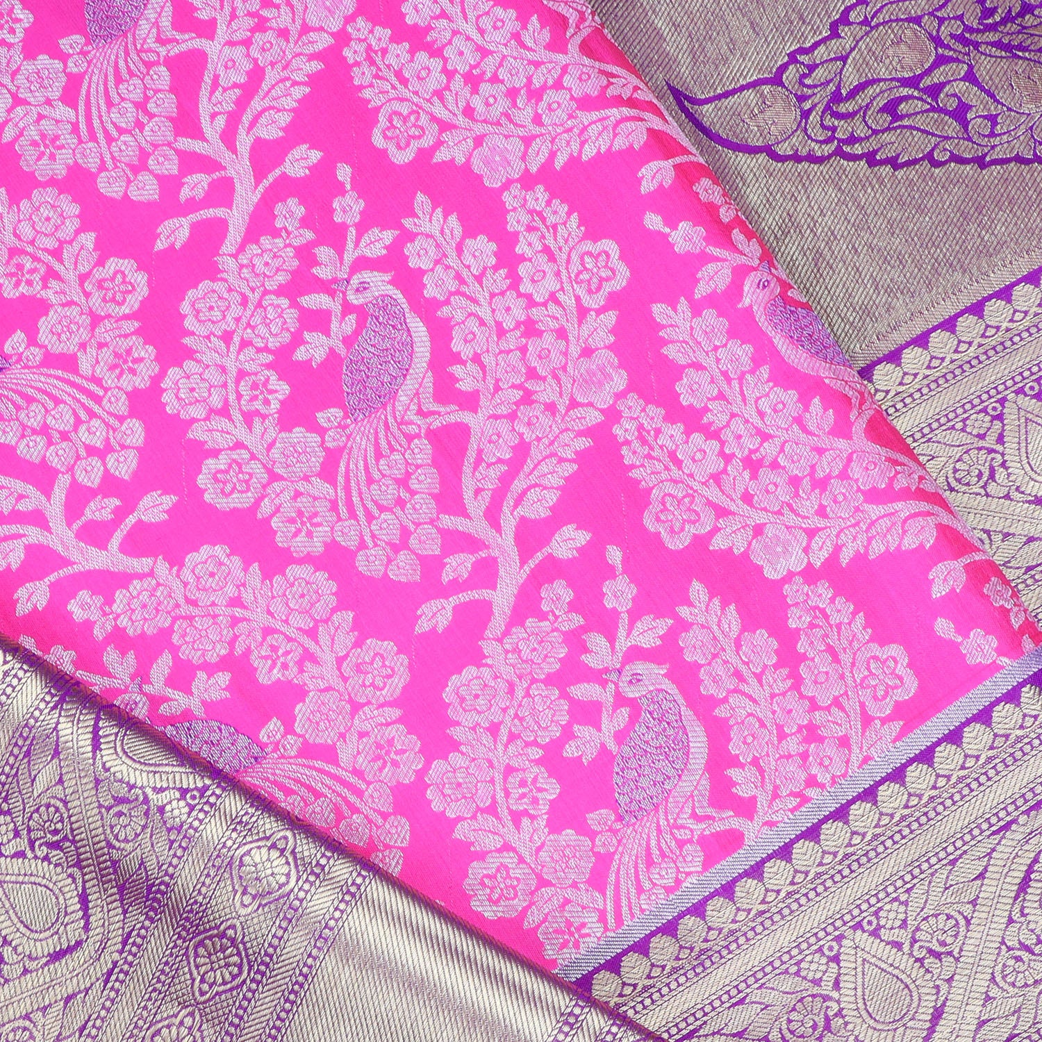 Fuchsia Pink Kanjivaram Silk Saree With Floral And Peacock Motif Pattern