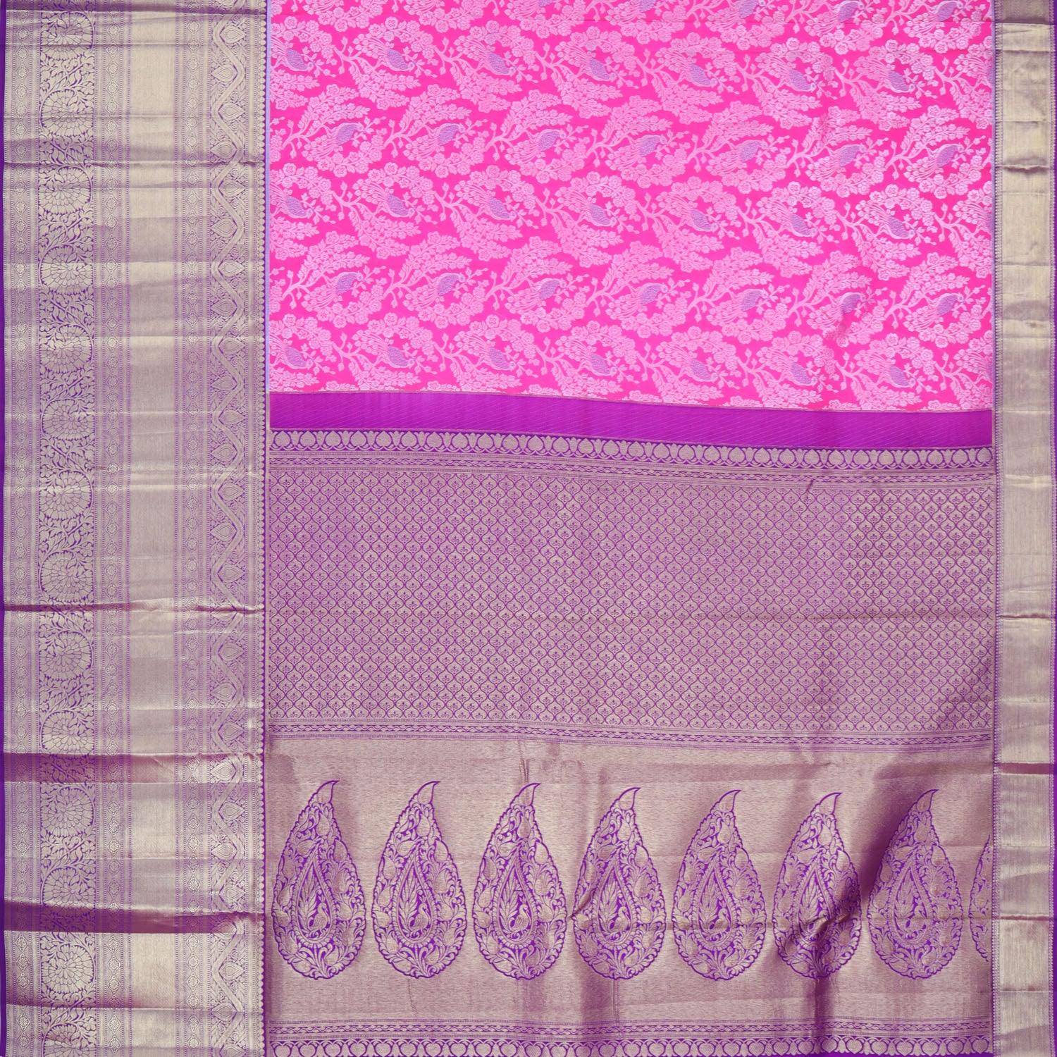 Fuchsia Pink Kanjivaram Silk Saree With Floral And Peacock Motif Pattern