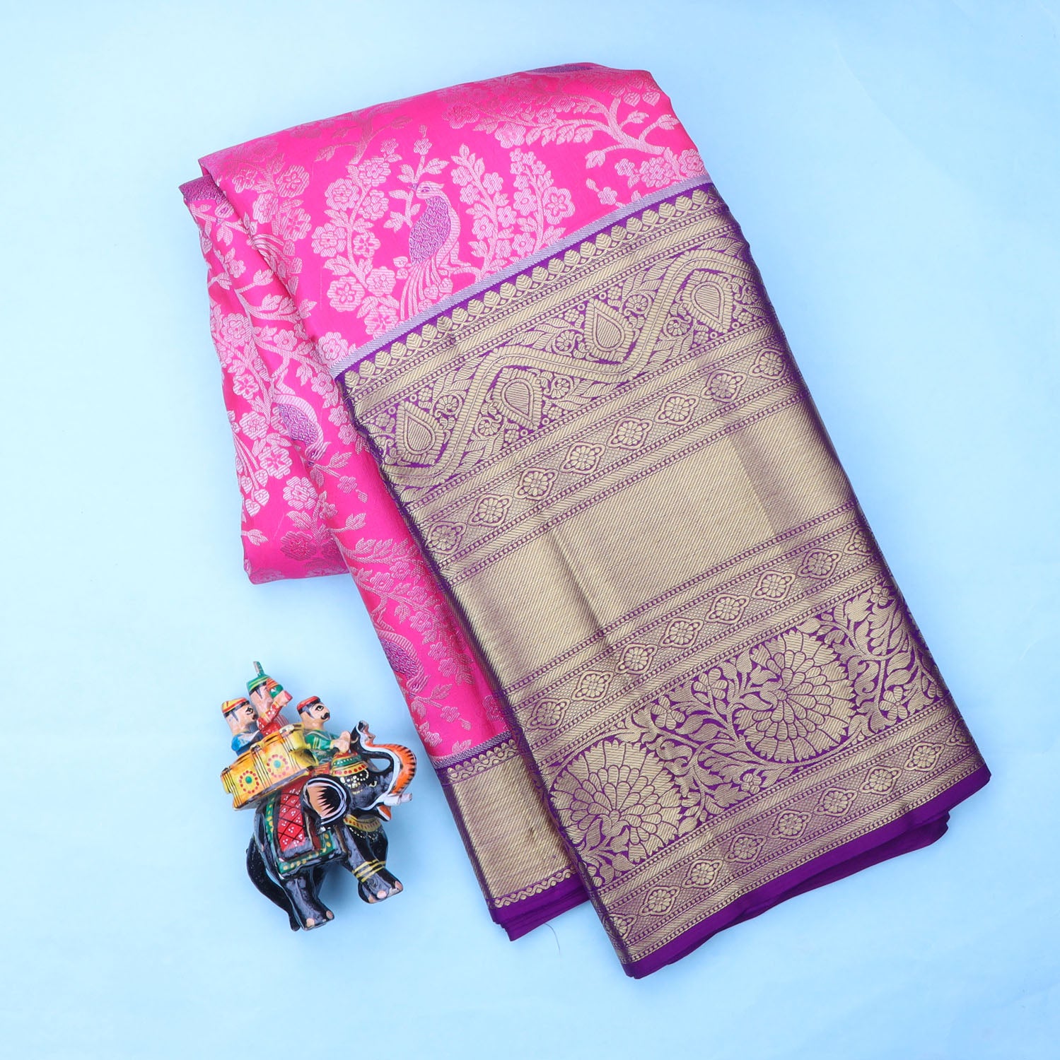 Fuchsia Pink Kanjivaram Silk Saree With Floral And Peacock Motif Pattern