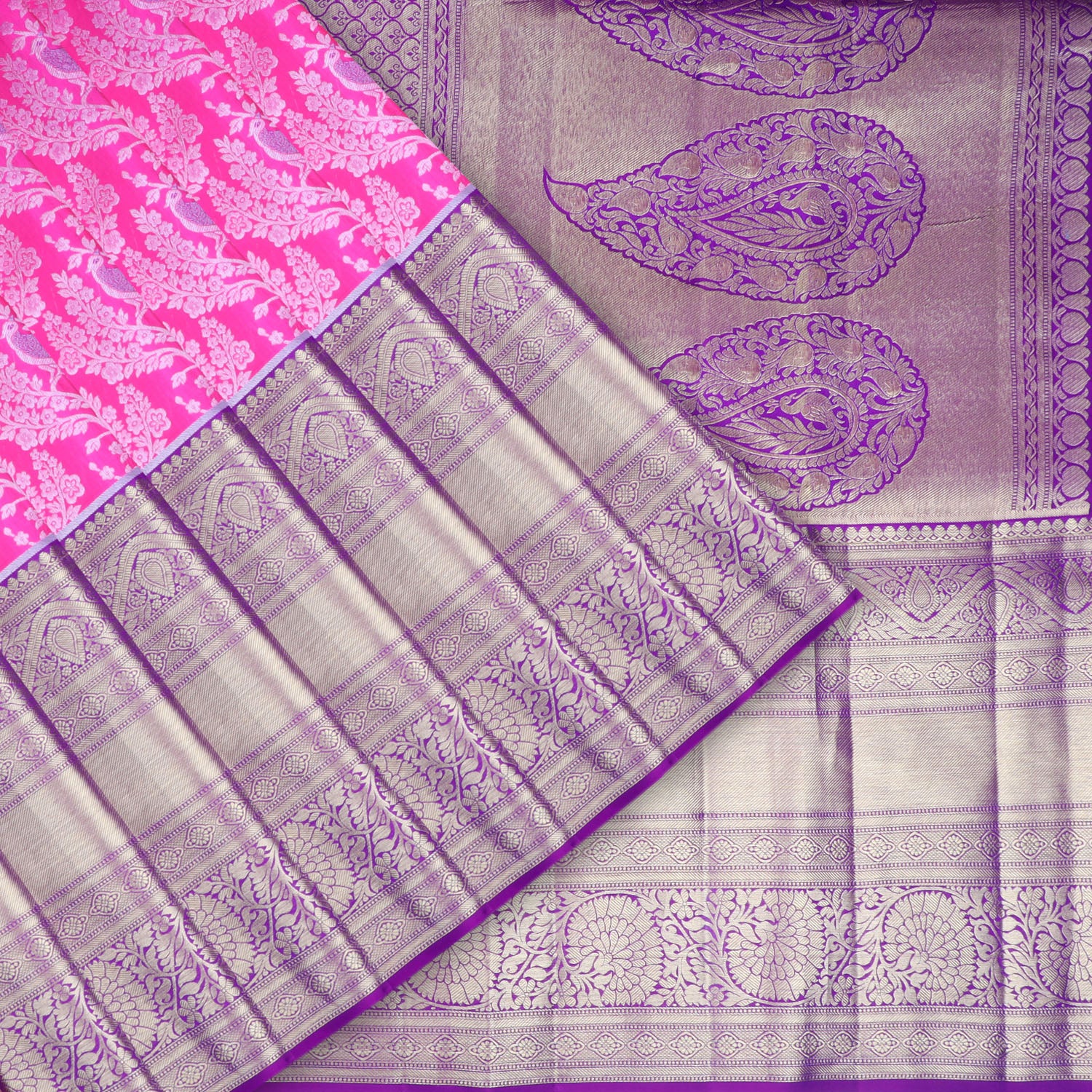 Fuchsia Pink Kanjivaram Silk Saree With Floral And Peacock Motif Pattern