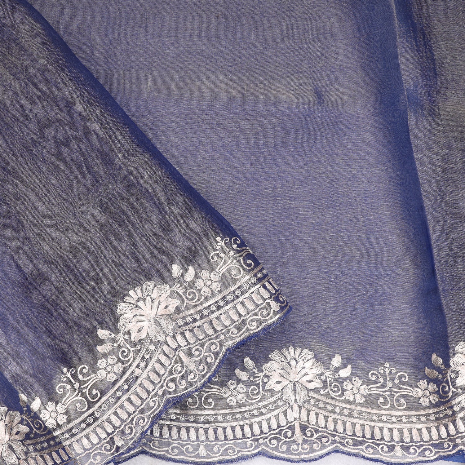 Blue Printed Organza Saree With With Floral Embroidery