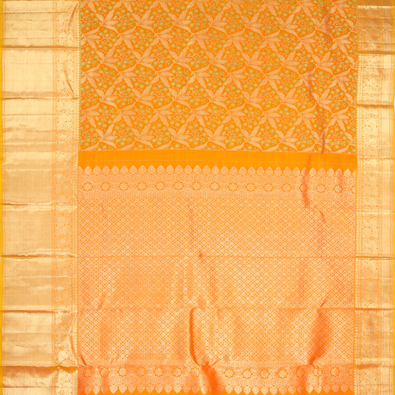 Vibrant Orange Kanjivaram Silk Saree With Floral Pattern