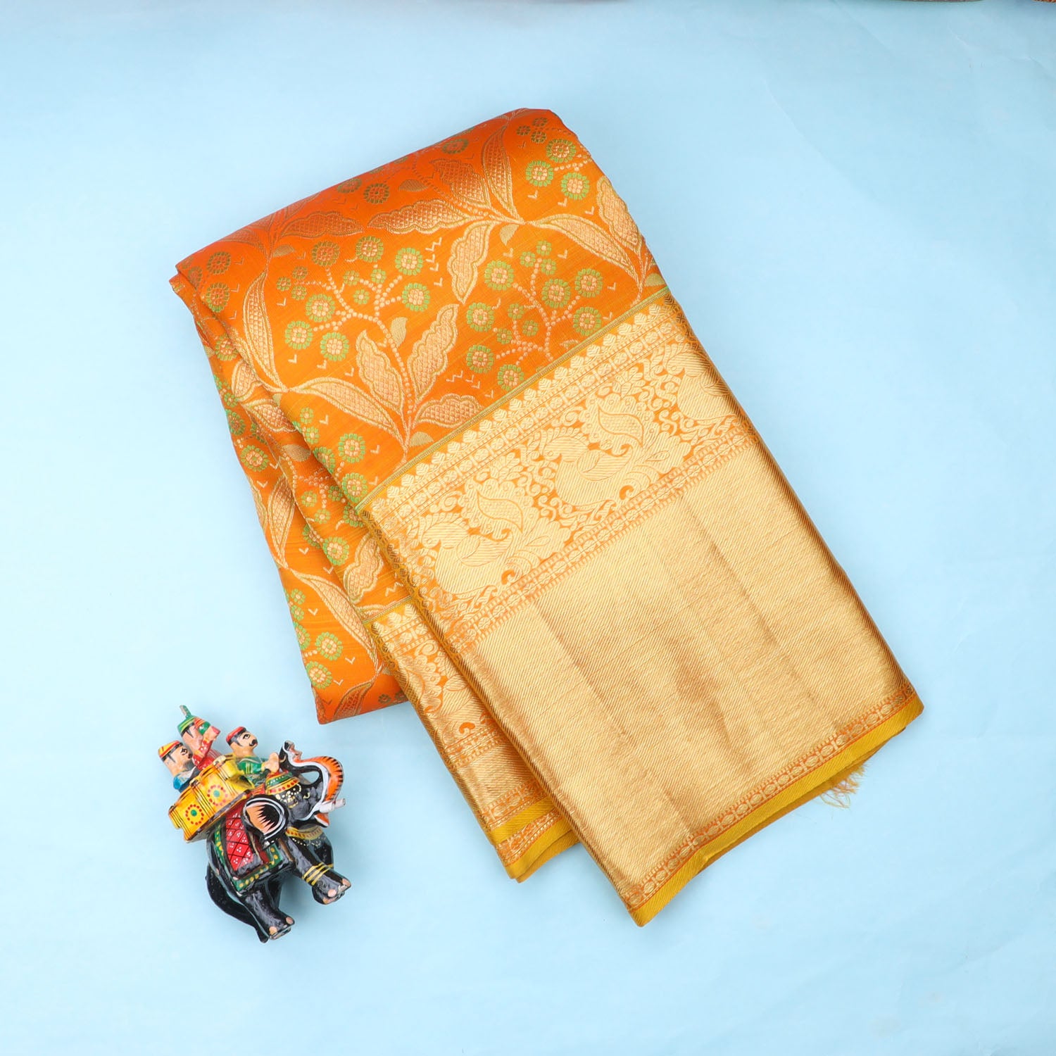 Vibrant Orange Kanjivaram Silk Saree With Floral Pattern