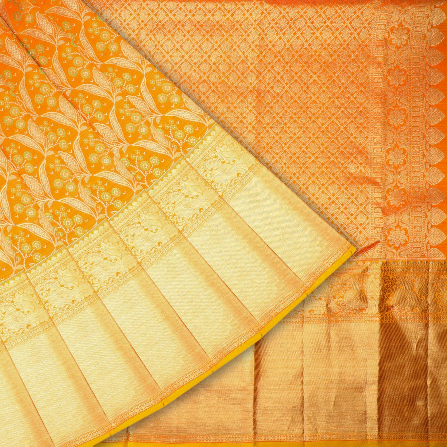 Vibrant Orange Kanjivaram Silk Saree With Floral Pattern