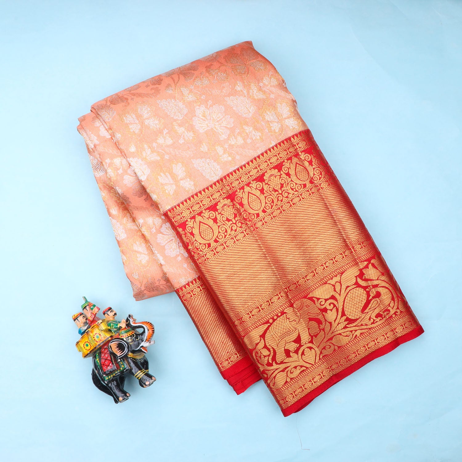 Peach Kanjivaram Silk Saree With Floral Pattern