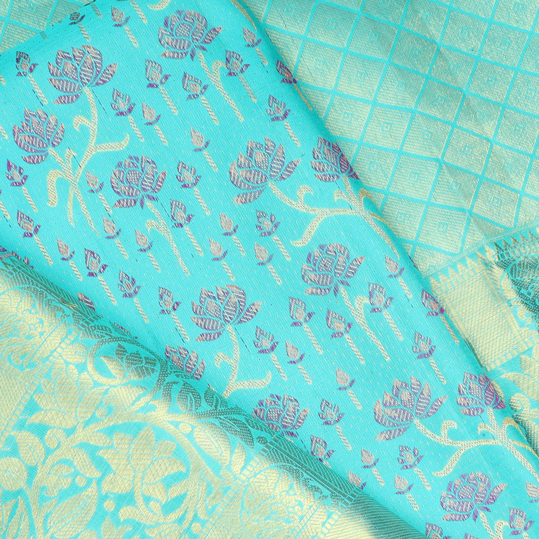 Bright Blue Kanjivaram Silk Saree With Floral Motif Pattern