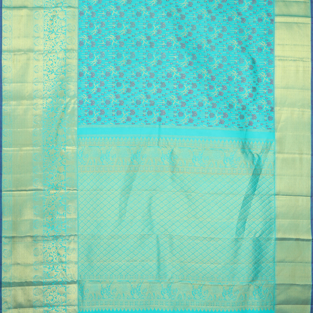 Bright Blue Kanjivaram Silk Saree With Floral Motif Pattern