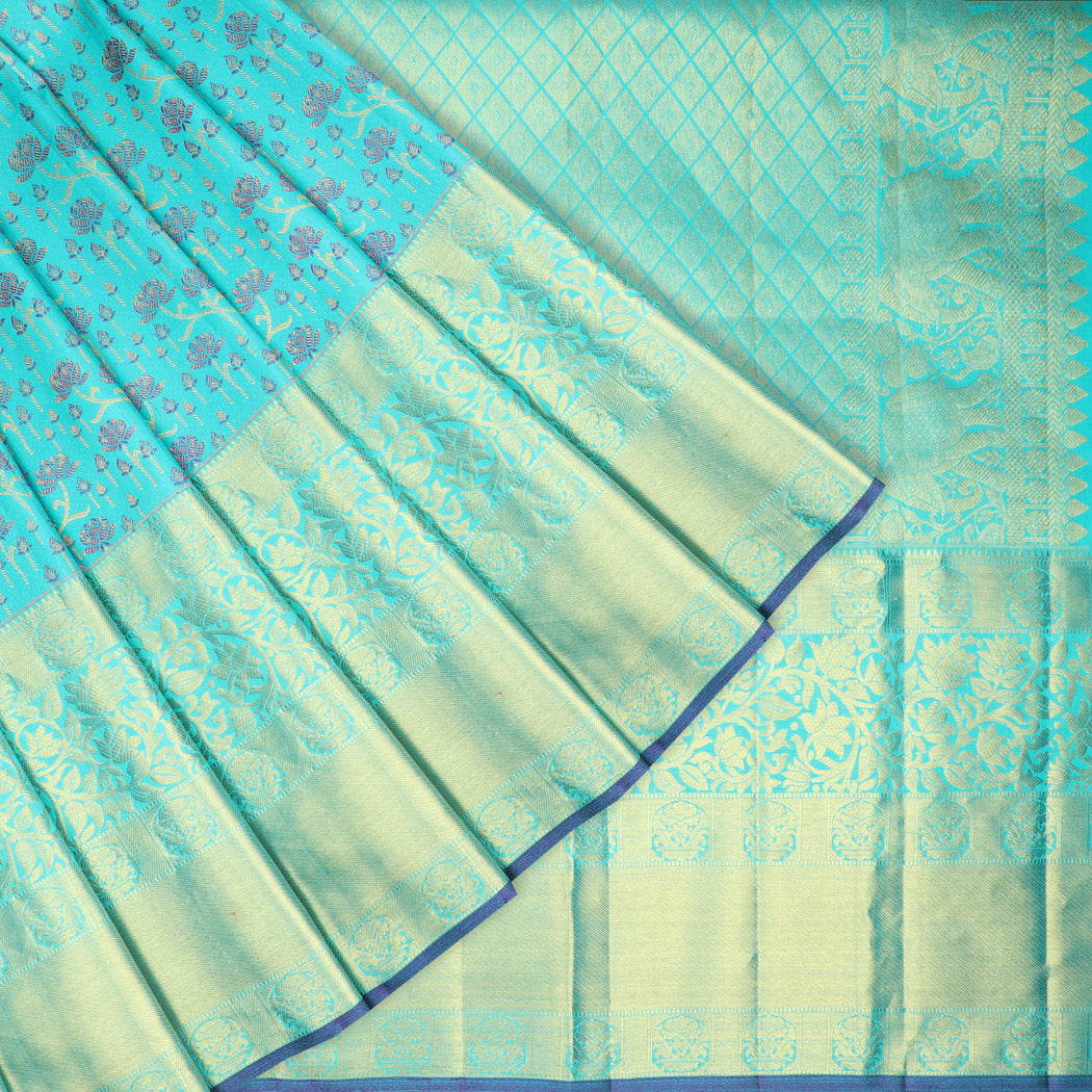 Bright Blue Kanjivaram Silk Saree With Floral Motif Pattern