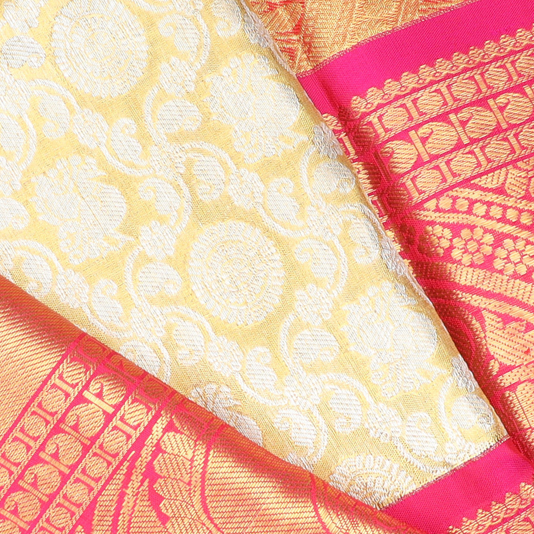 Golden Yellow Tissue Kanjivaram Silk Saree With Floral And Mayil Pattern