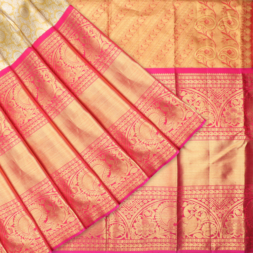 Golden Yellow Tissue Kanjivaram Silk Saree With Floral And Mayil Pattern