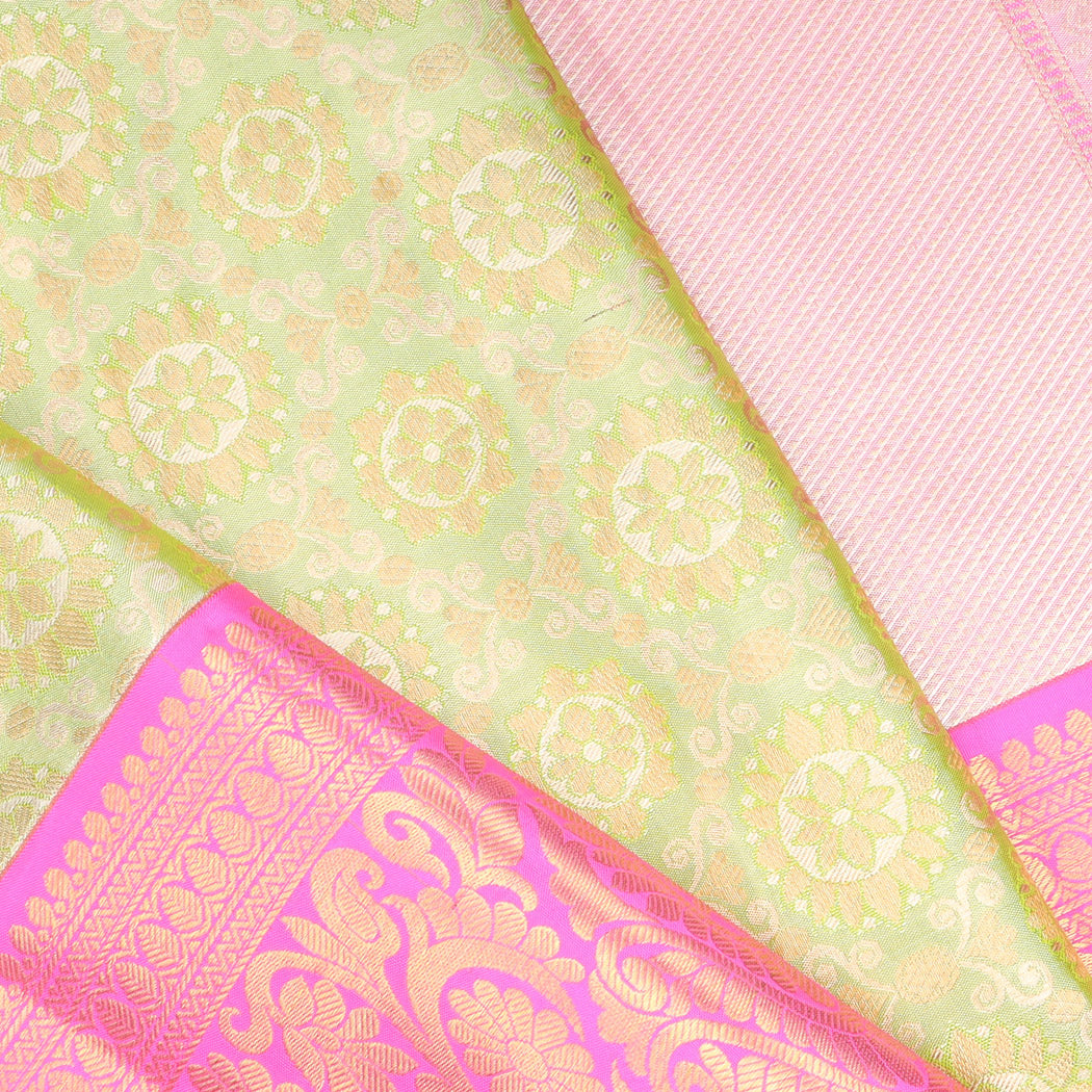 Lime Green Kanjivaram Silk Saree With Poo Chakra Motif