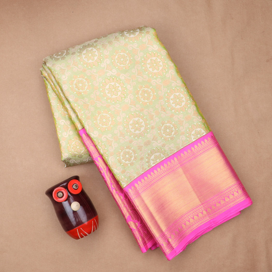 Lime Green Kanjivaram Silk Saree With Poo Chakra Motif