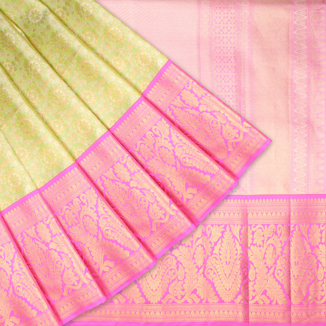 Lime Green Kanjivaram Silk Saree With Poo Chakra Motif