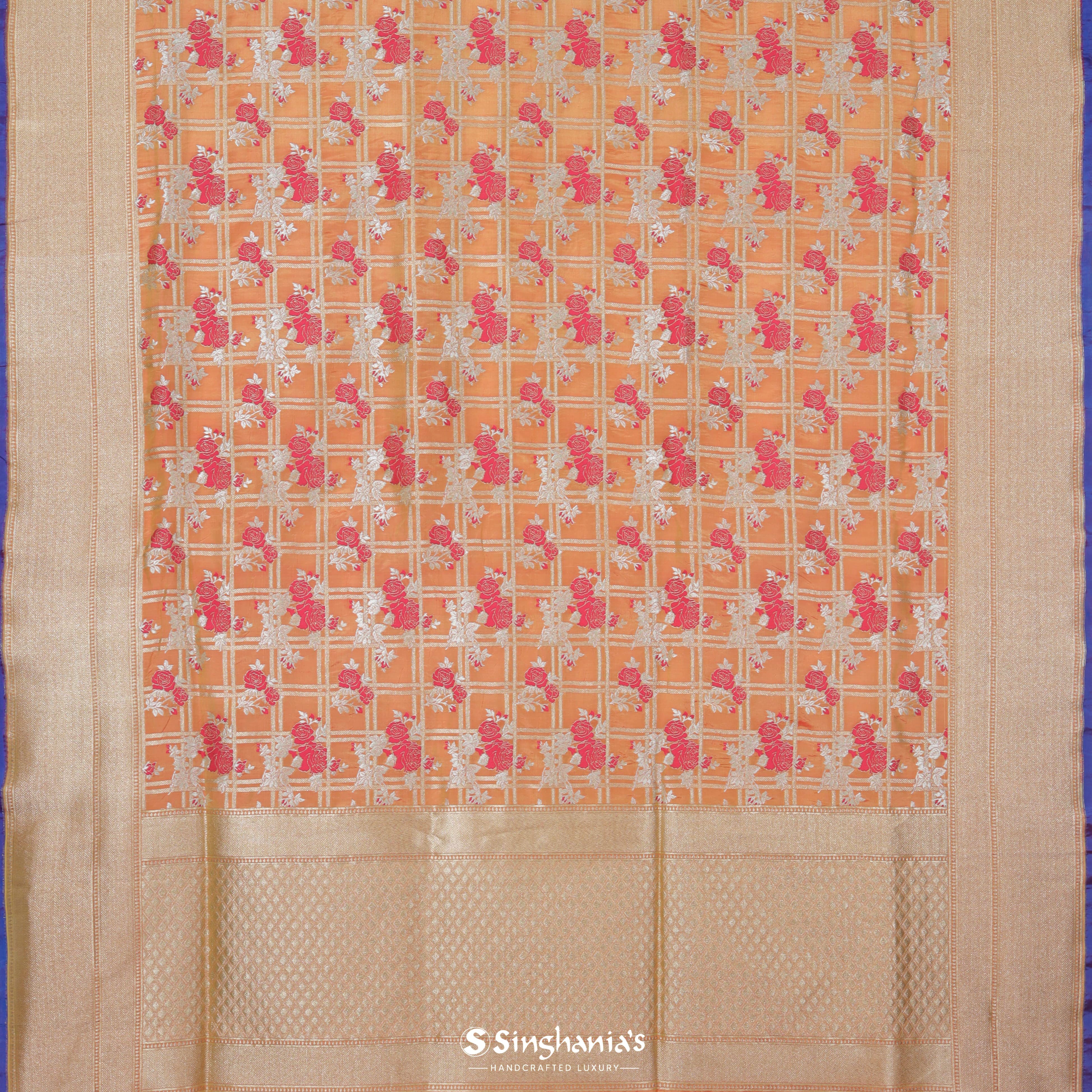 Fanta Orange Silk Banarasi Saree With Floral Pattern