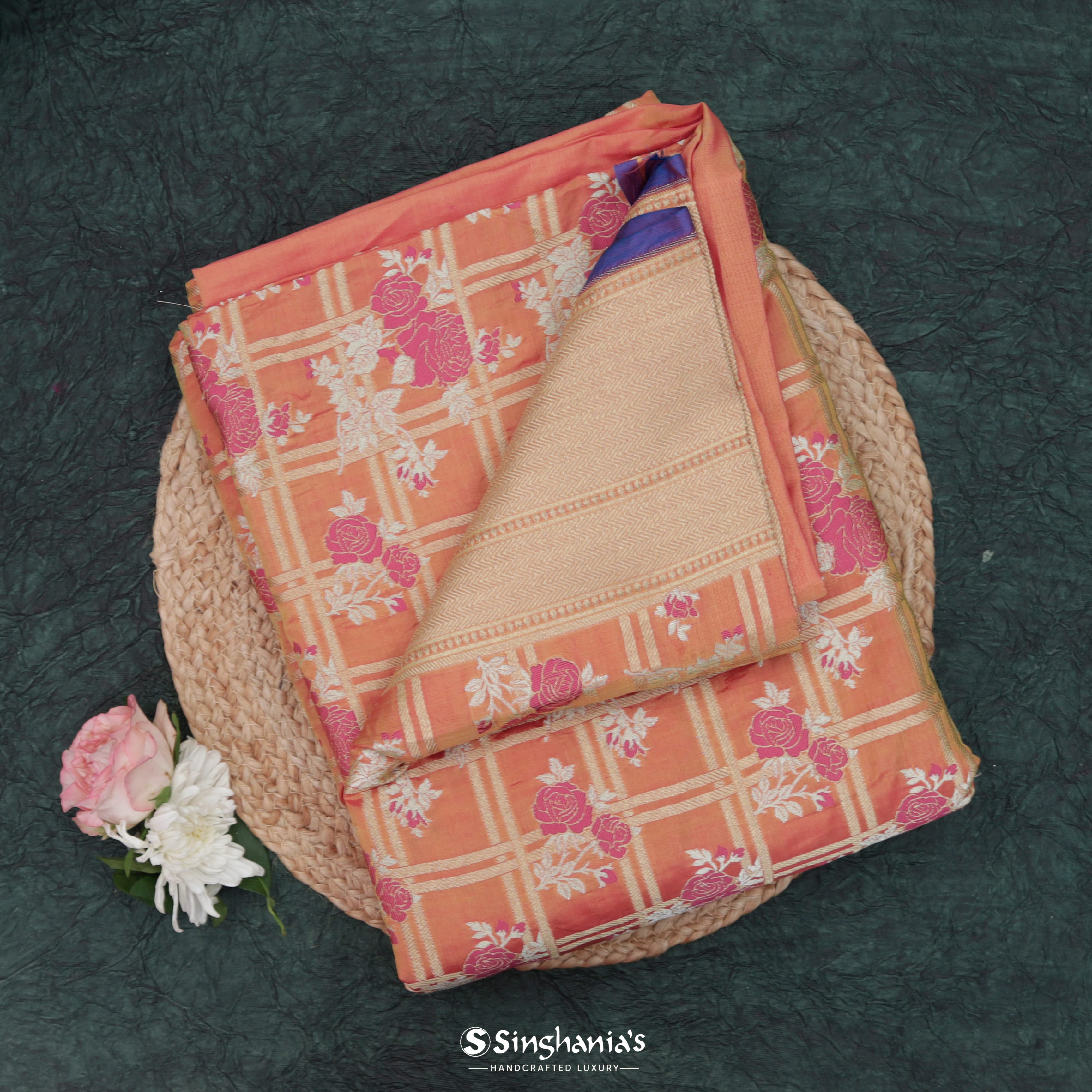 Fanta Orange Silk Banarasi Saree With Floral Pattern